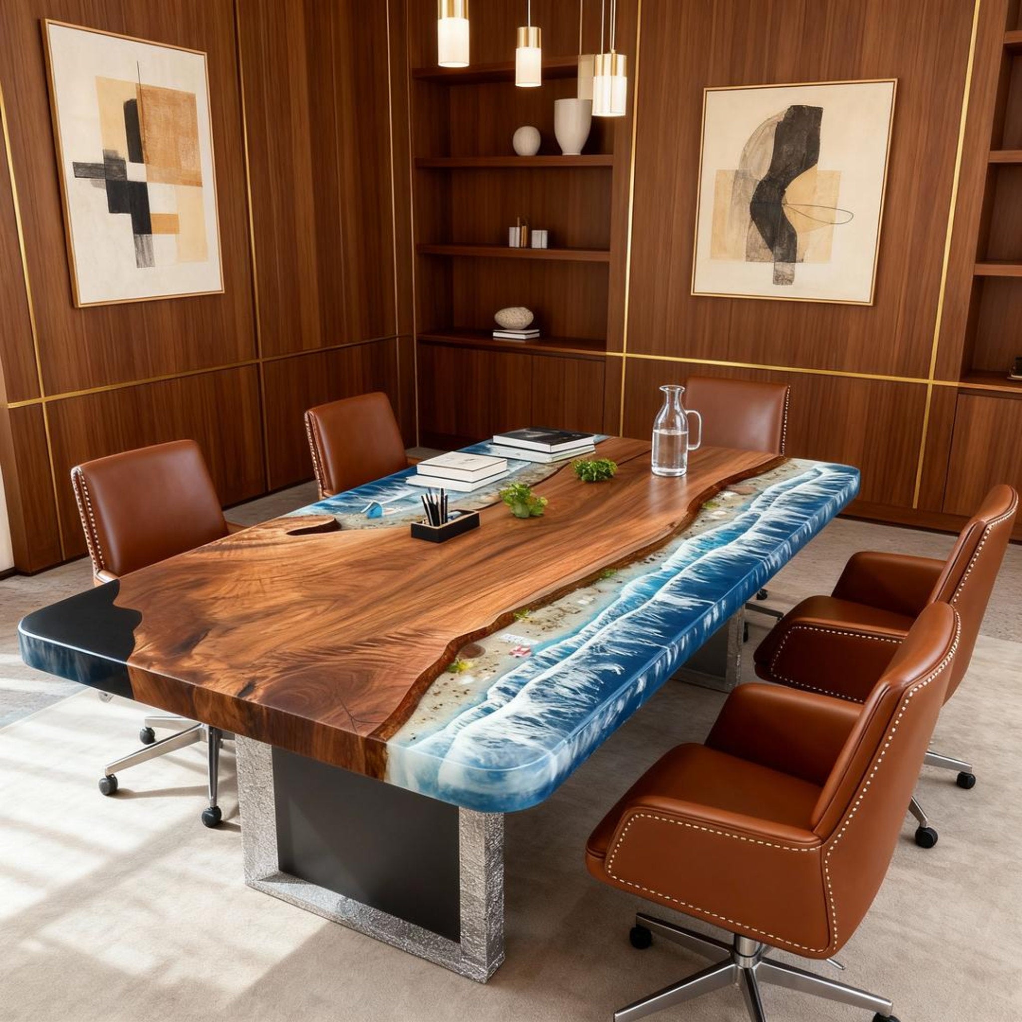 Table rivière personnalisée en résine époxy et noyer noir, dégradé bleu océan VJQ-582