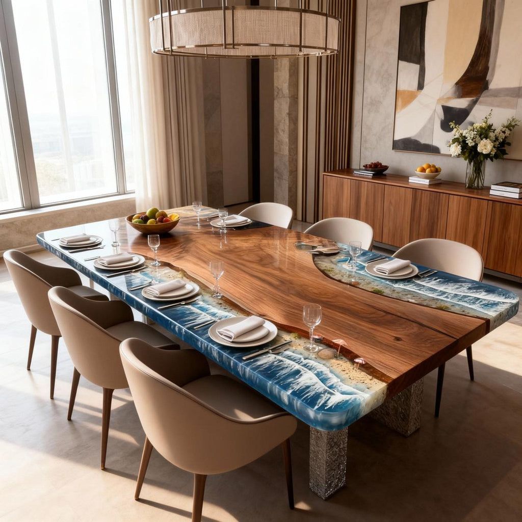 Table rivière personnalisée en résine époxy et noyer noir, dégradé bleu océan VJQ-582