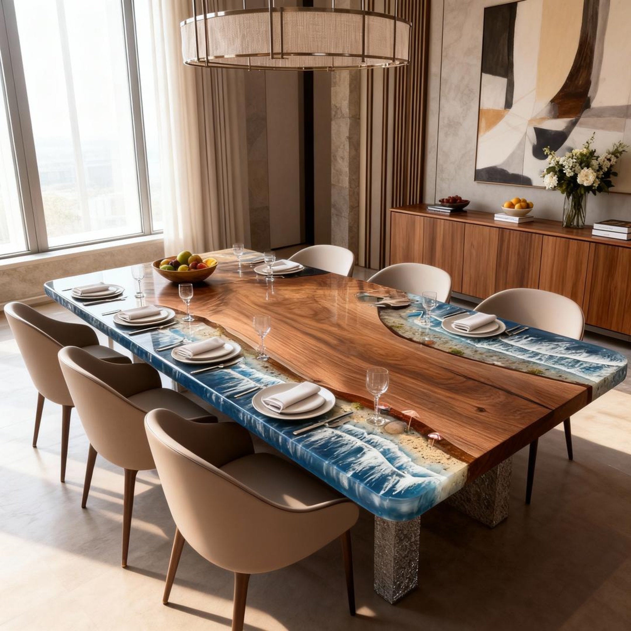 Table rivière personnalisée en résine époxy et noyer noir, dégradé bleu océan VJQ-582