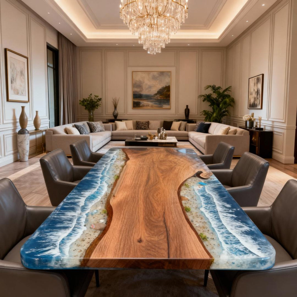 Table rivière personnalisée en résine époxy et noyer noir, dégradé bleu océan VJQ-582