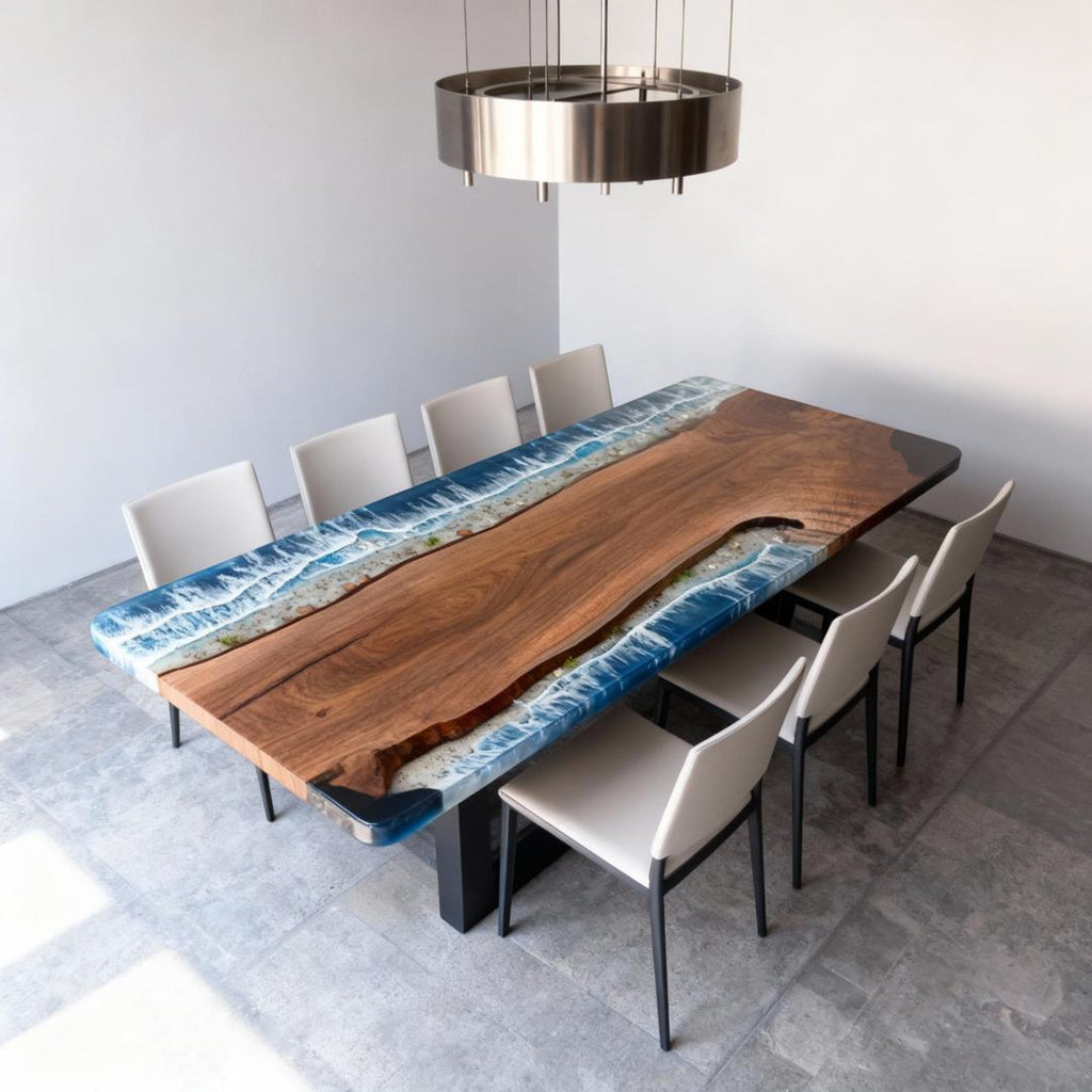 Table rivière personnalisée en résine époxy et noyer noir, dégradé bleu océan VJQ-582