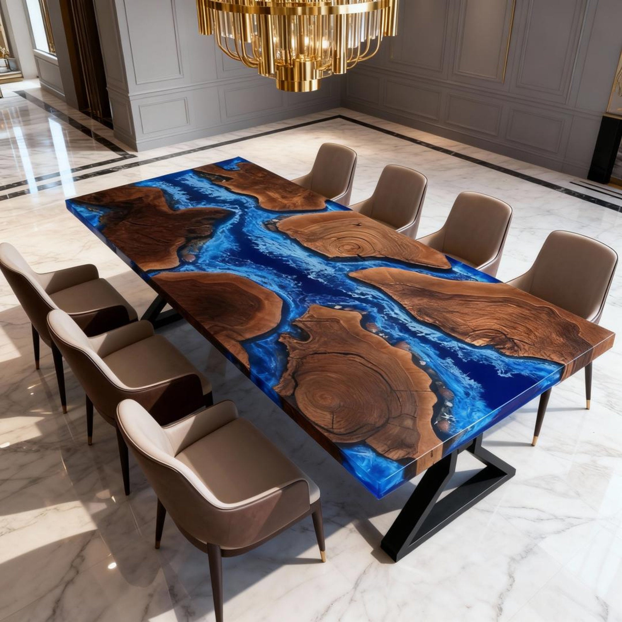 Table rivière personnalisée en résine époxy noyer noir, résine bleu océan NRL-483