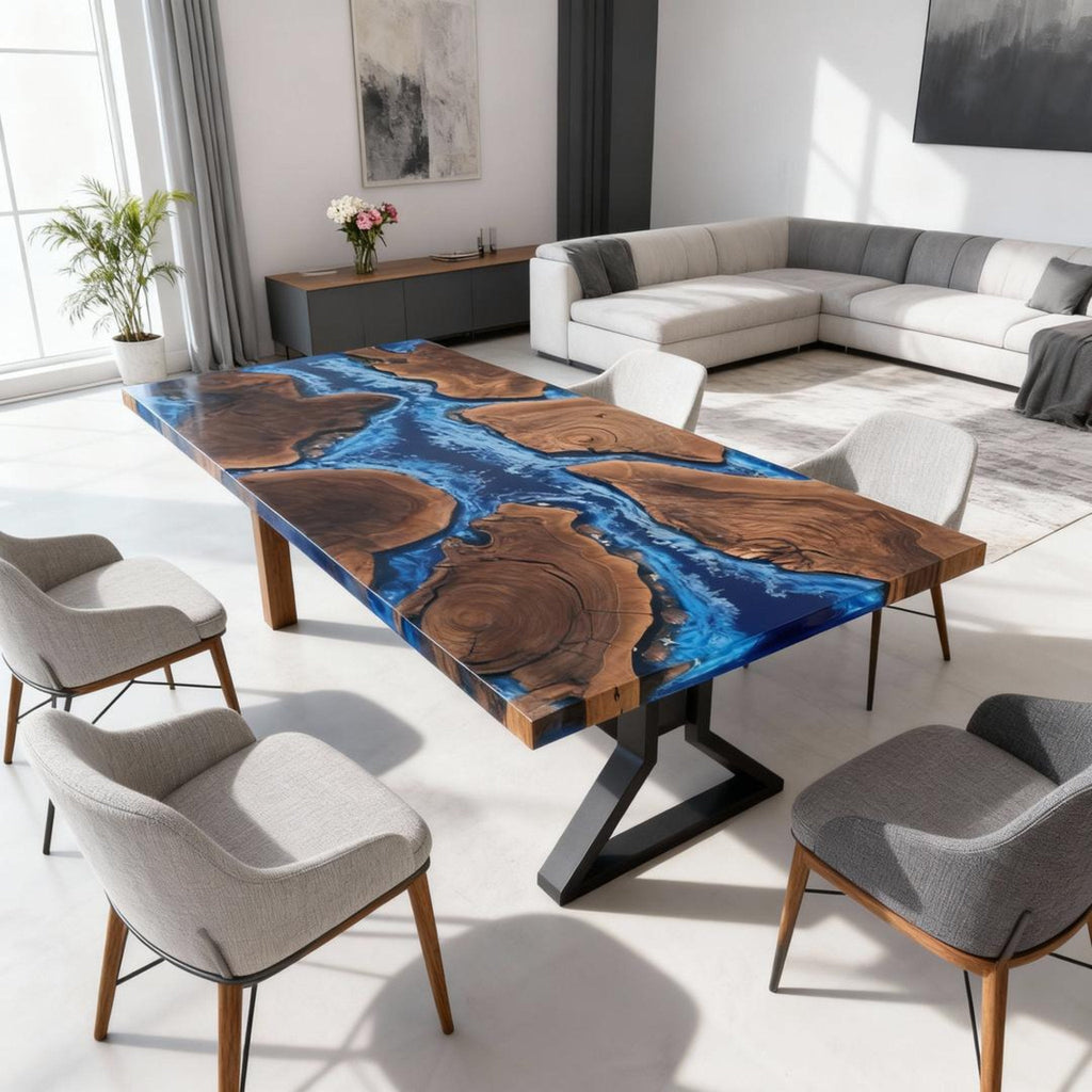 Table rivière personnalisée en résine époxy noyer noir, résine bleu océan NRL-483