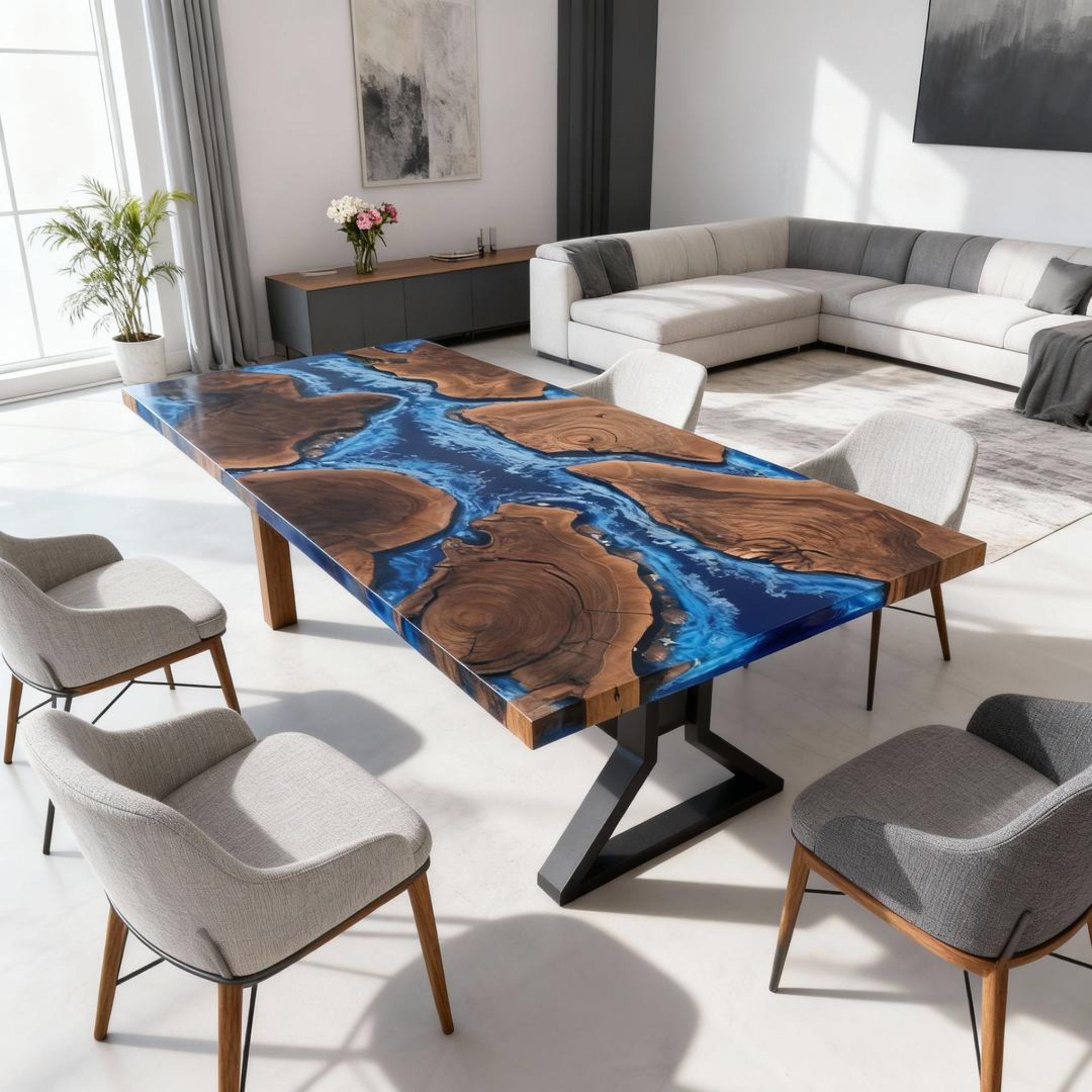 Table rivière personnalisée en résine époxy noyer noir, résine bleu océan NRL-483