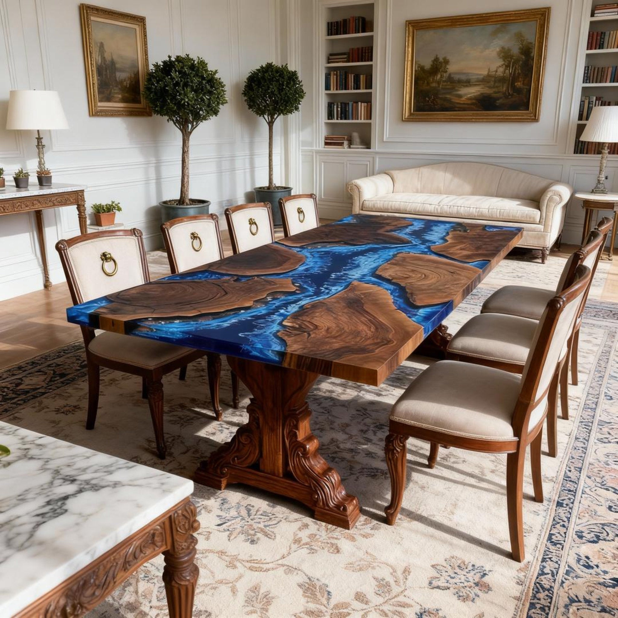 Table rivière personnalisée en résine époxy noyer noir, résine bleu océan NRL-483