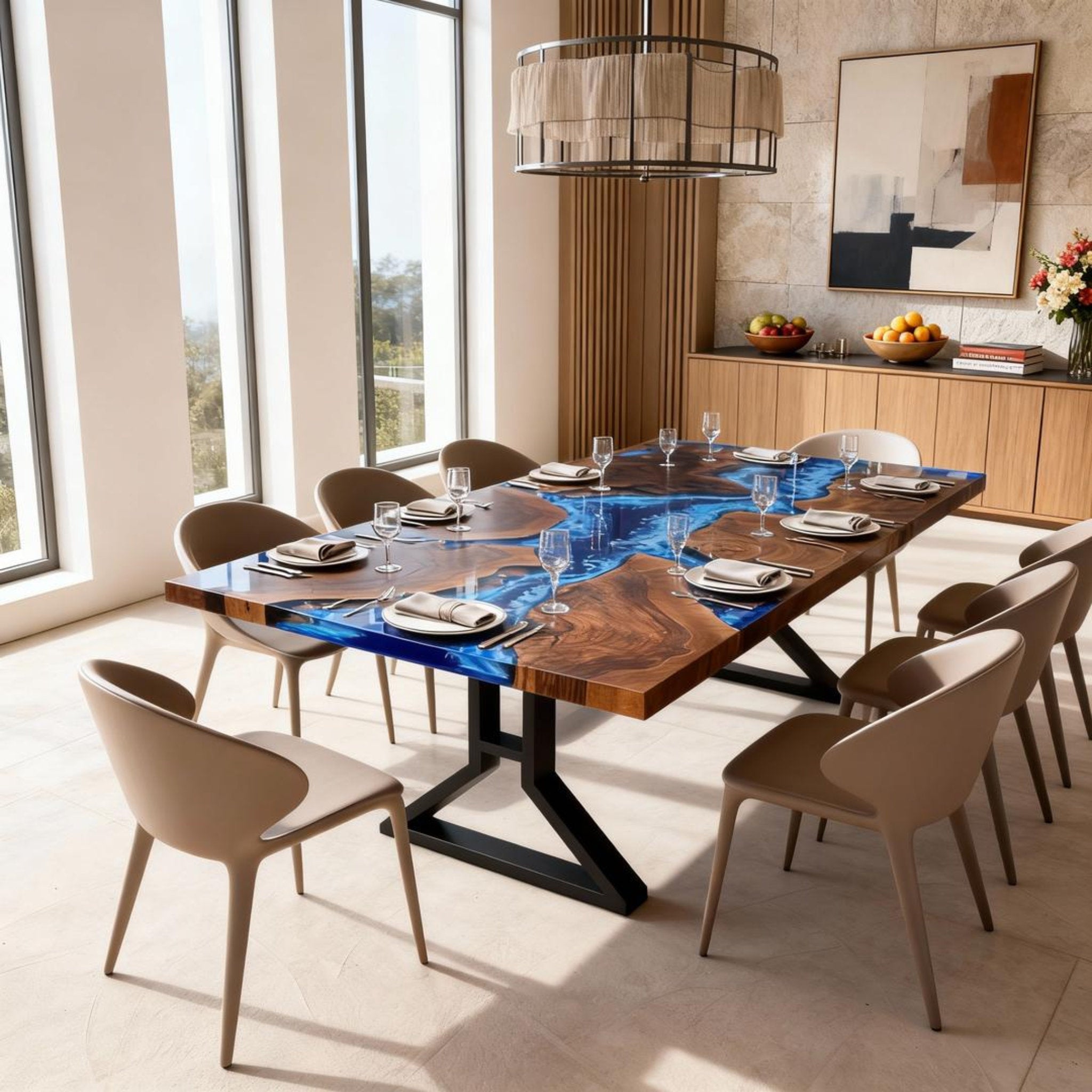 Table rivière personnalisée en résine époxy noyer noir, résine bleu océan NRL-483