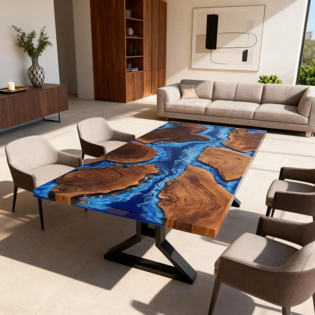 Table rivière personnalisée en résine époxy noyer noir, résine bleu océan NRL-483