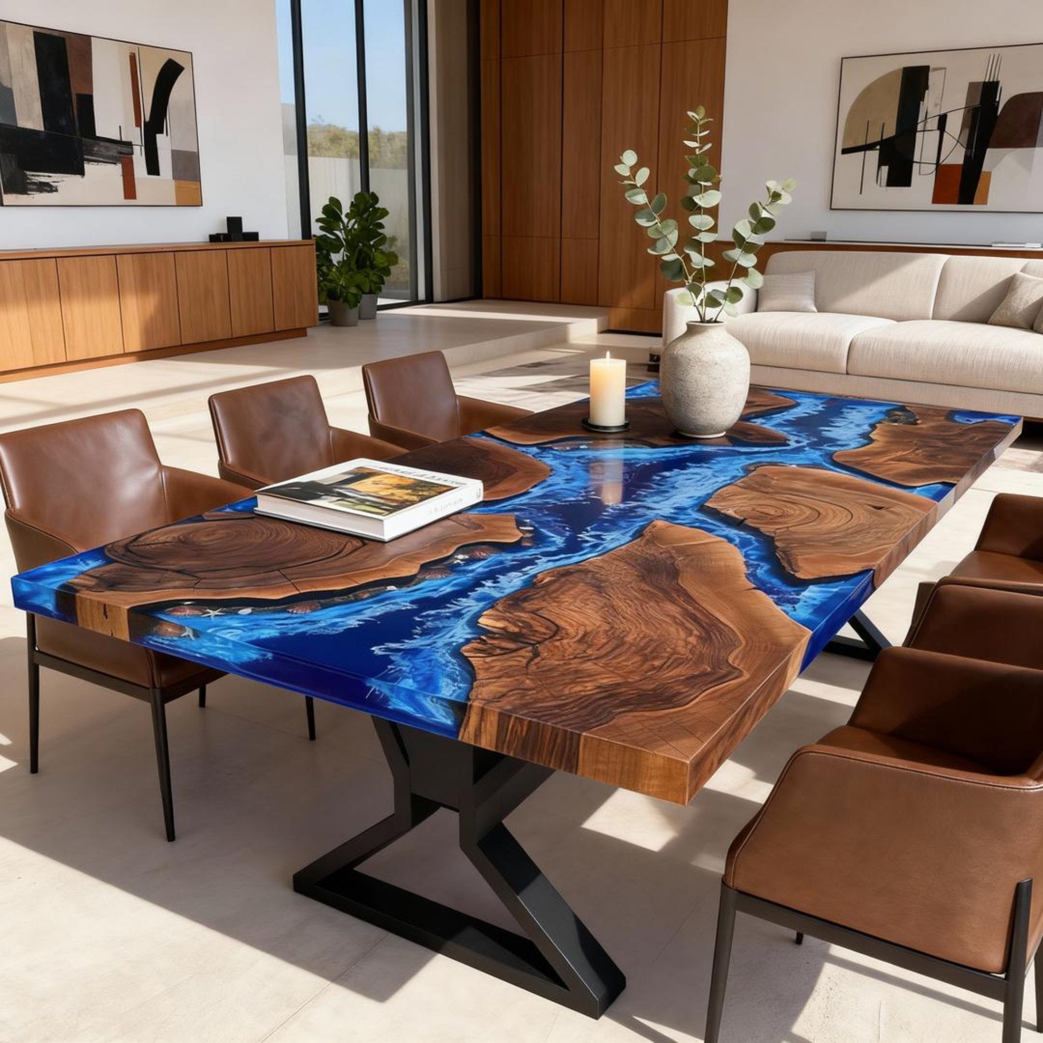 Table rivière personnalisée en résine époxy noyer noir, résine bleu océan NRL-483