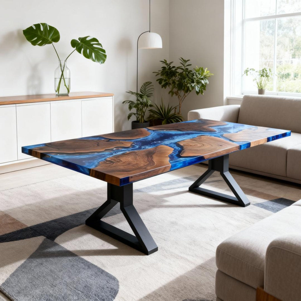 Table rivière personnalisée en résine époxy noyer noir, résine bleu océan NRL-483