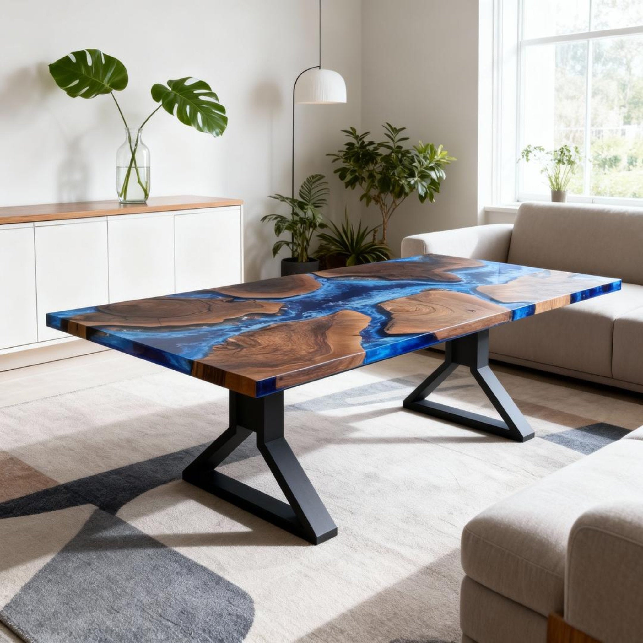 Table rivière personnalisée en résine époxy noyer noir, résine bleu océan NRL-483