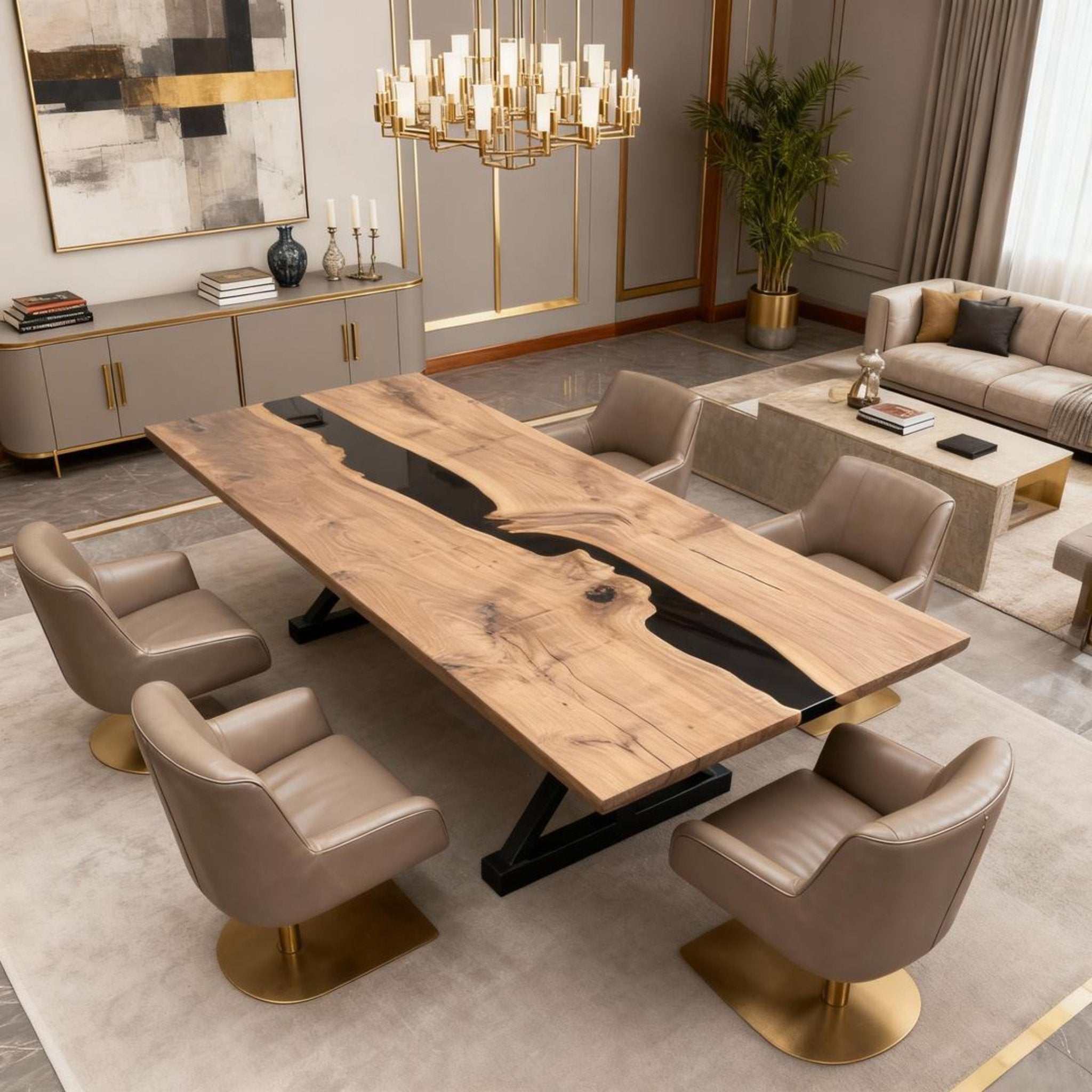 Table rivière sur mesure en résine époxy et noyer noir, noir onyx KNP-864