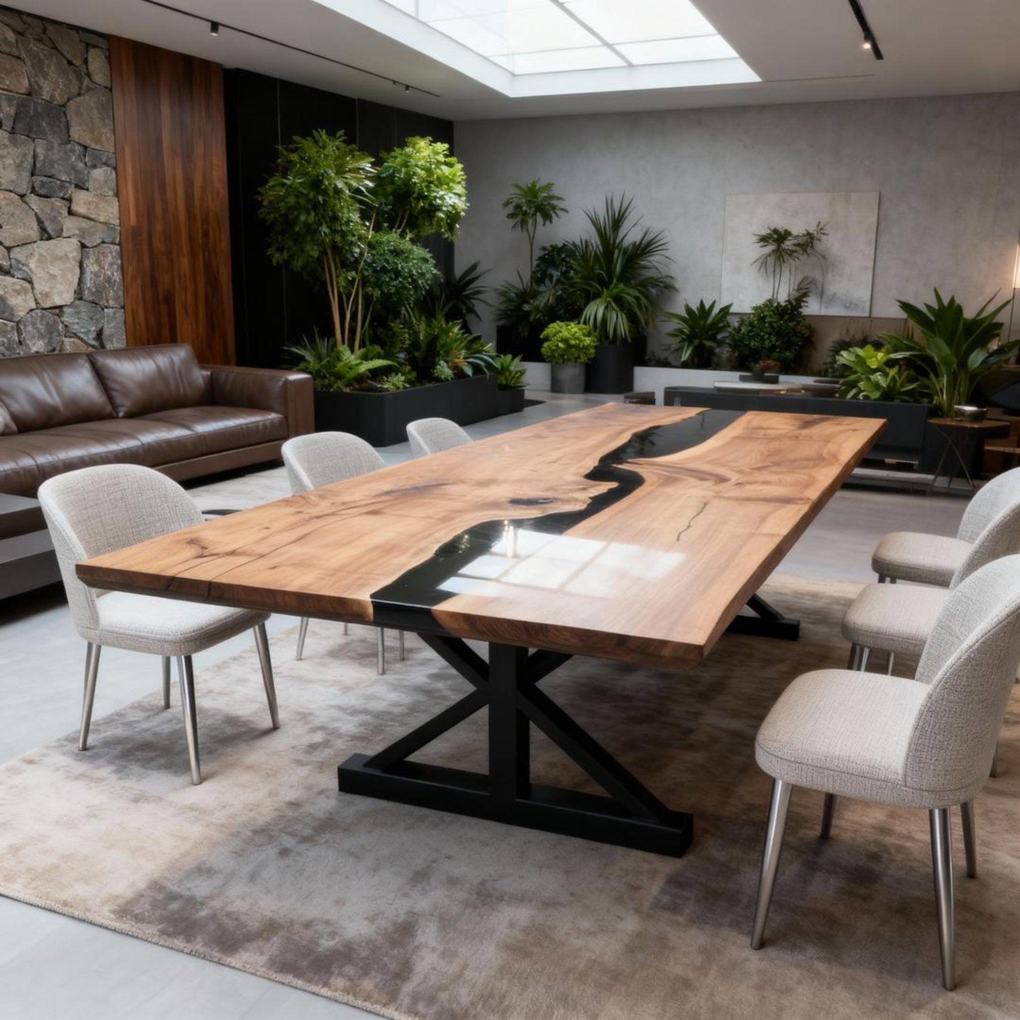 Table rivière sur mesure en résine époxy et noyer noir, noir onyx KNP-864