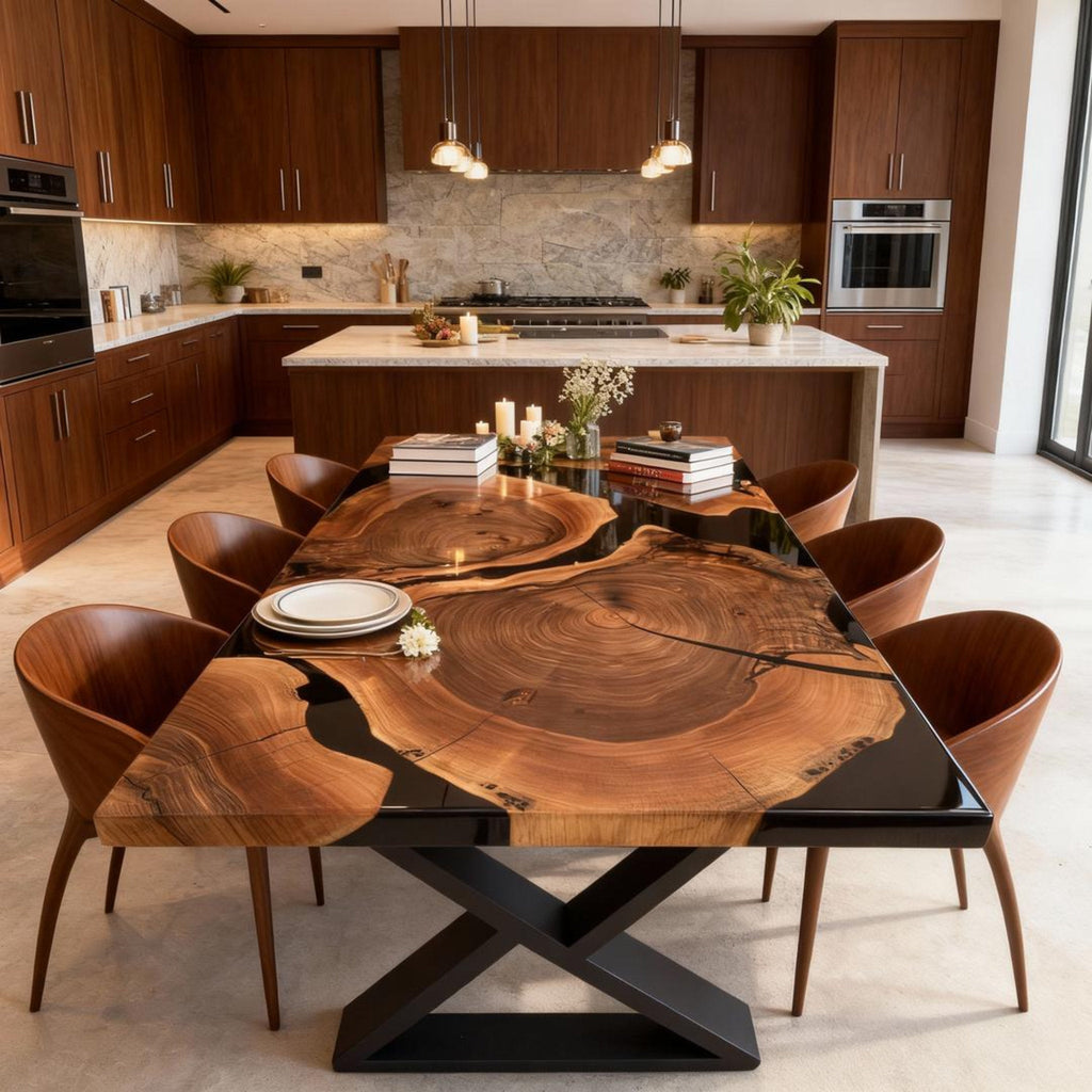 Table rivière sur mesure en résine époxy noyer noir, résine noire onyx JQX-742