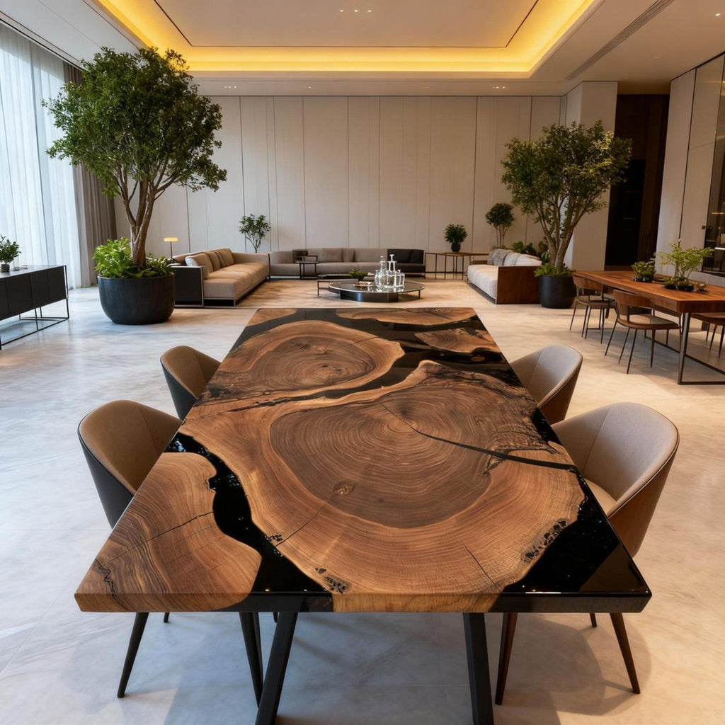 Table rivière sur mesure en résine époxy noyer noir, résine noire onyx JQX-742