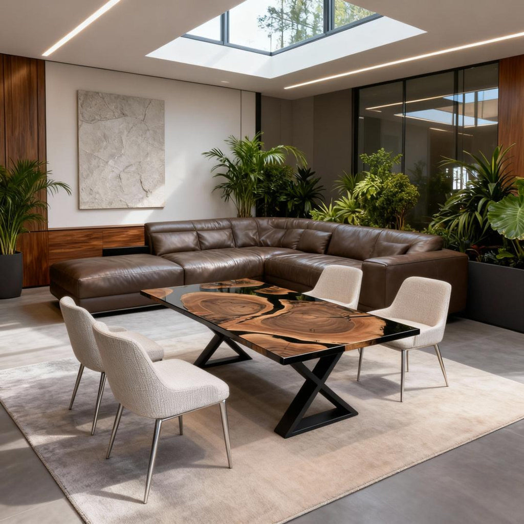 Table rivière sur mesure en résine époxy noyer noir, résine noire onyx JQX-742