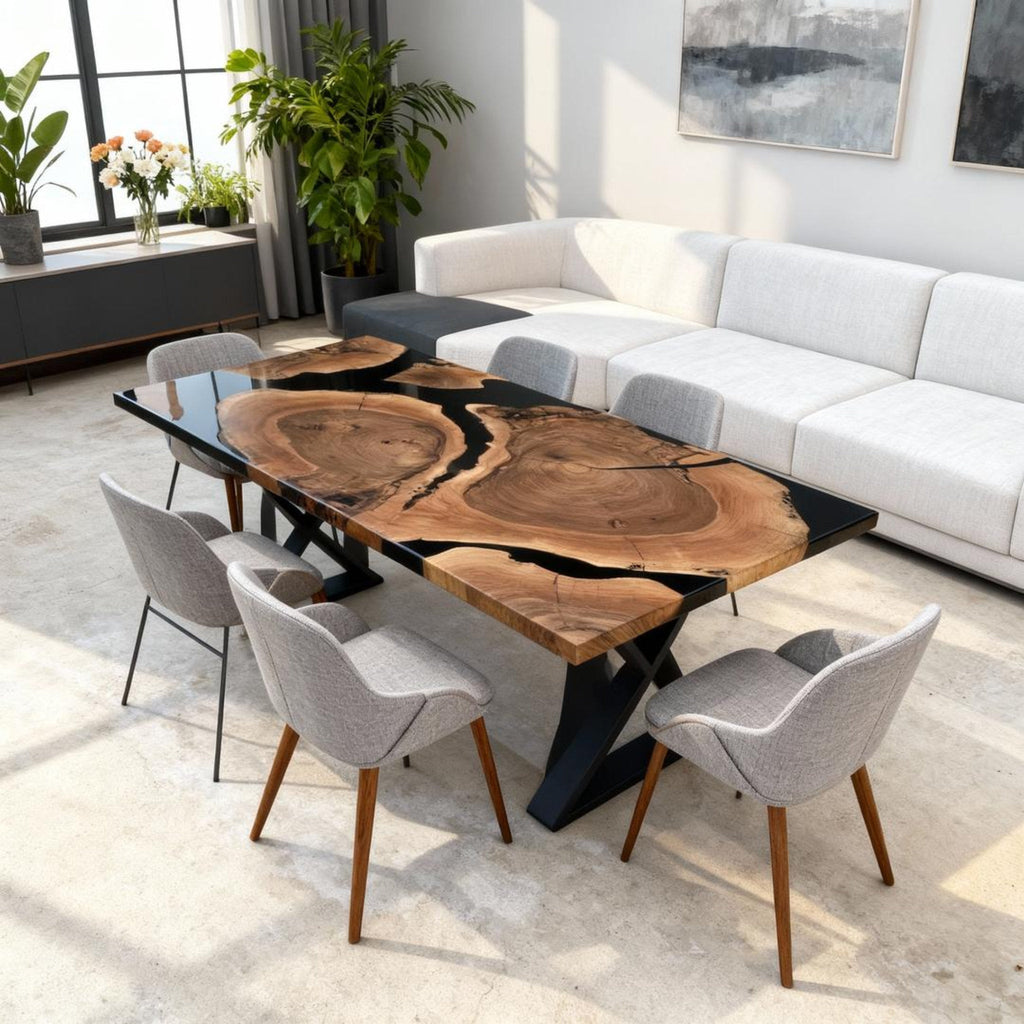 Table rivière sur mesure en résine époxy noyer noir, résine noire onyx JQX-742