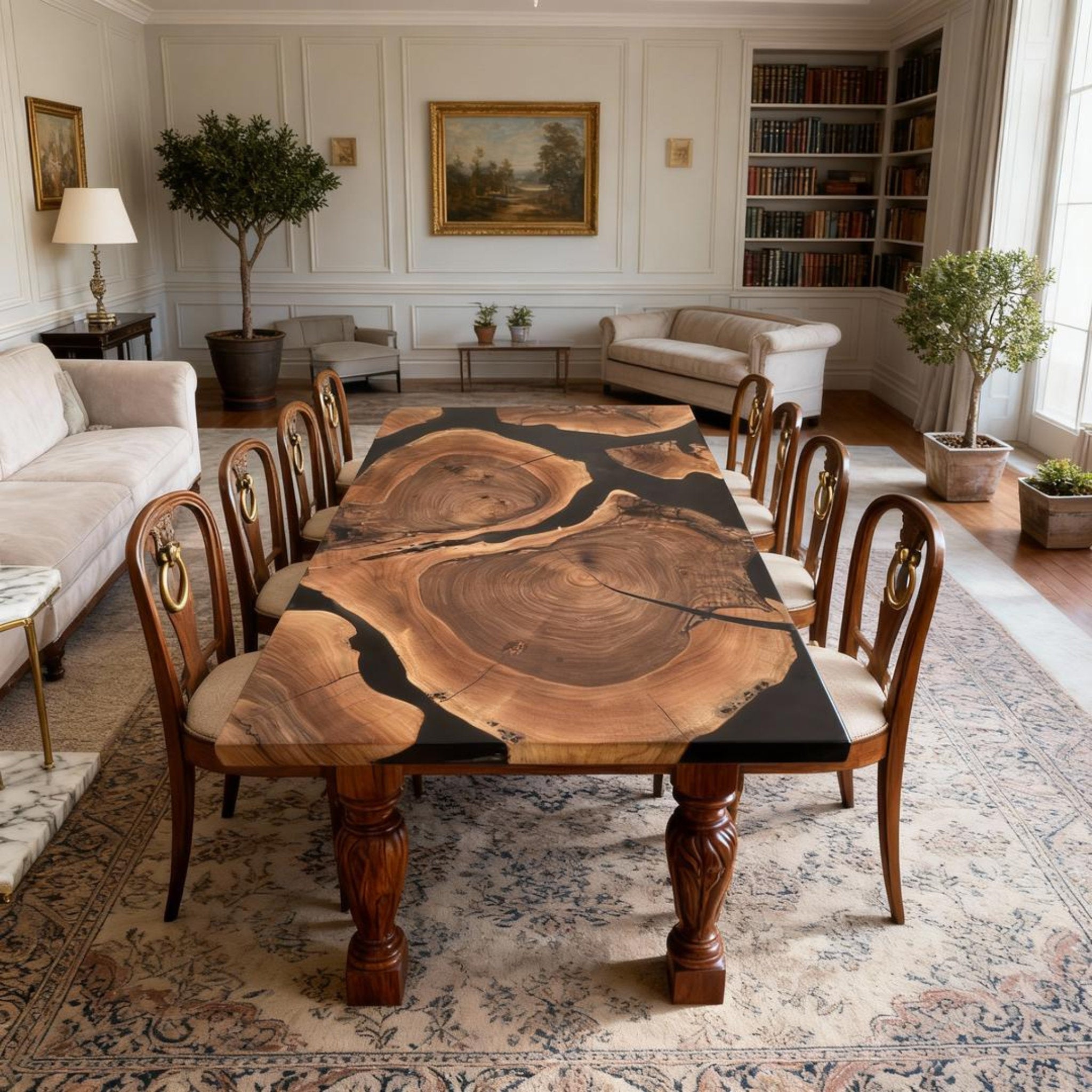 Table rivière sur mesure en résine époxy noyer noir, résine noire onyx JQX-742