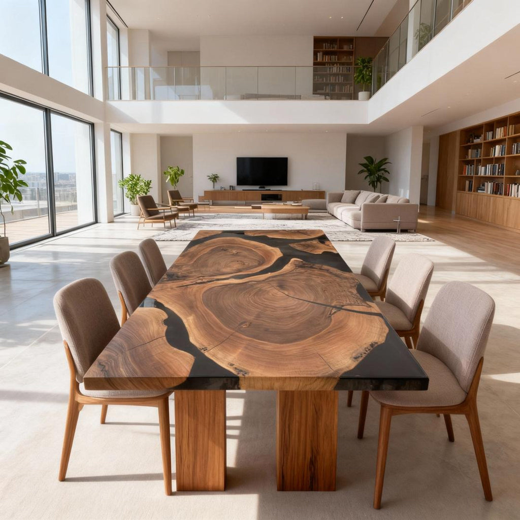 Table rivière sur mesure en résine époxy noyer noir, résine noire onyx JQX-742