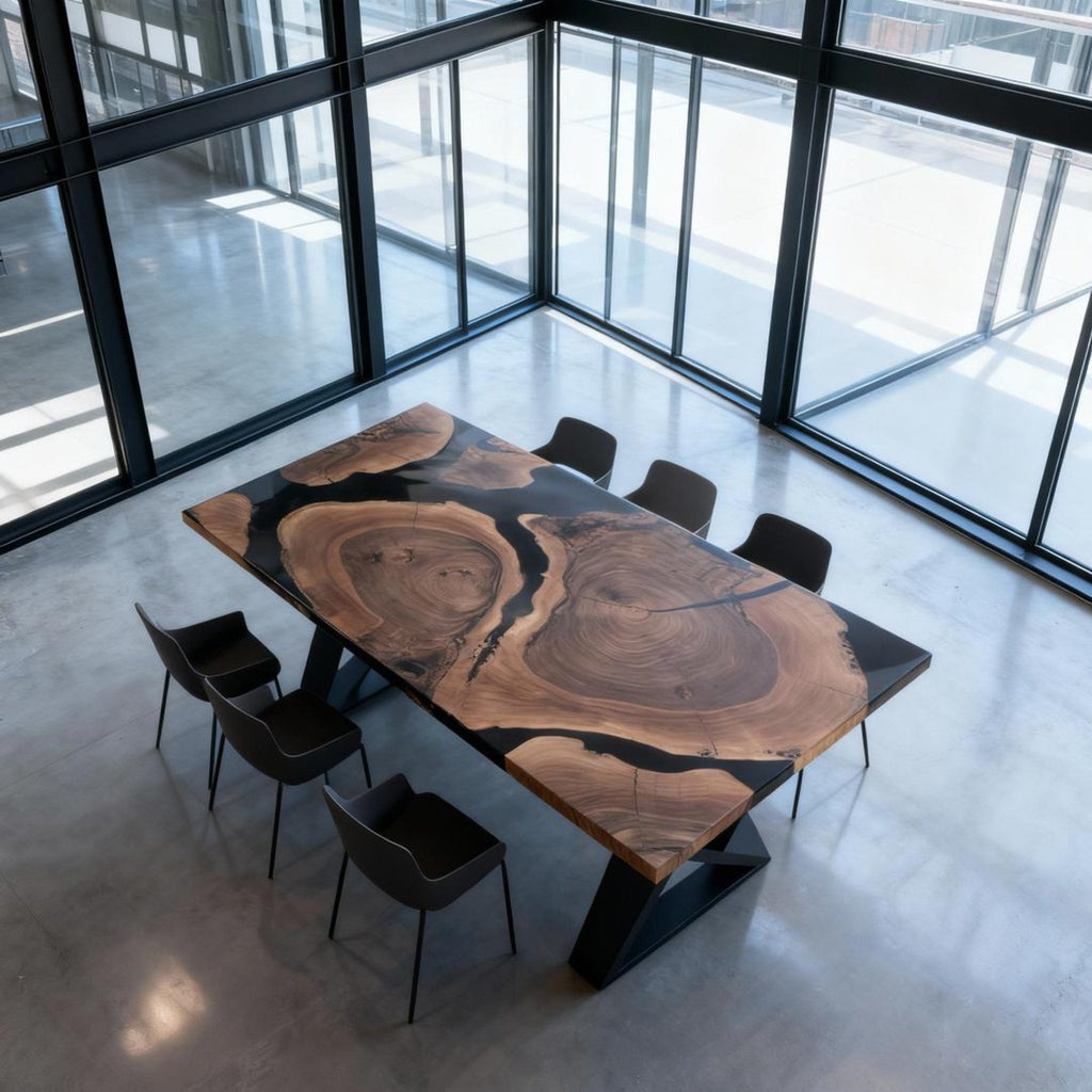 Table rivière sur mesure en résine époxy noyer noir, résine noire onyx JQX-742