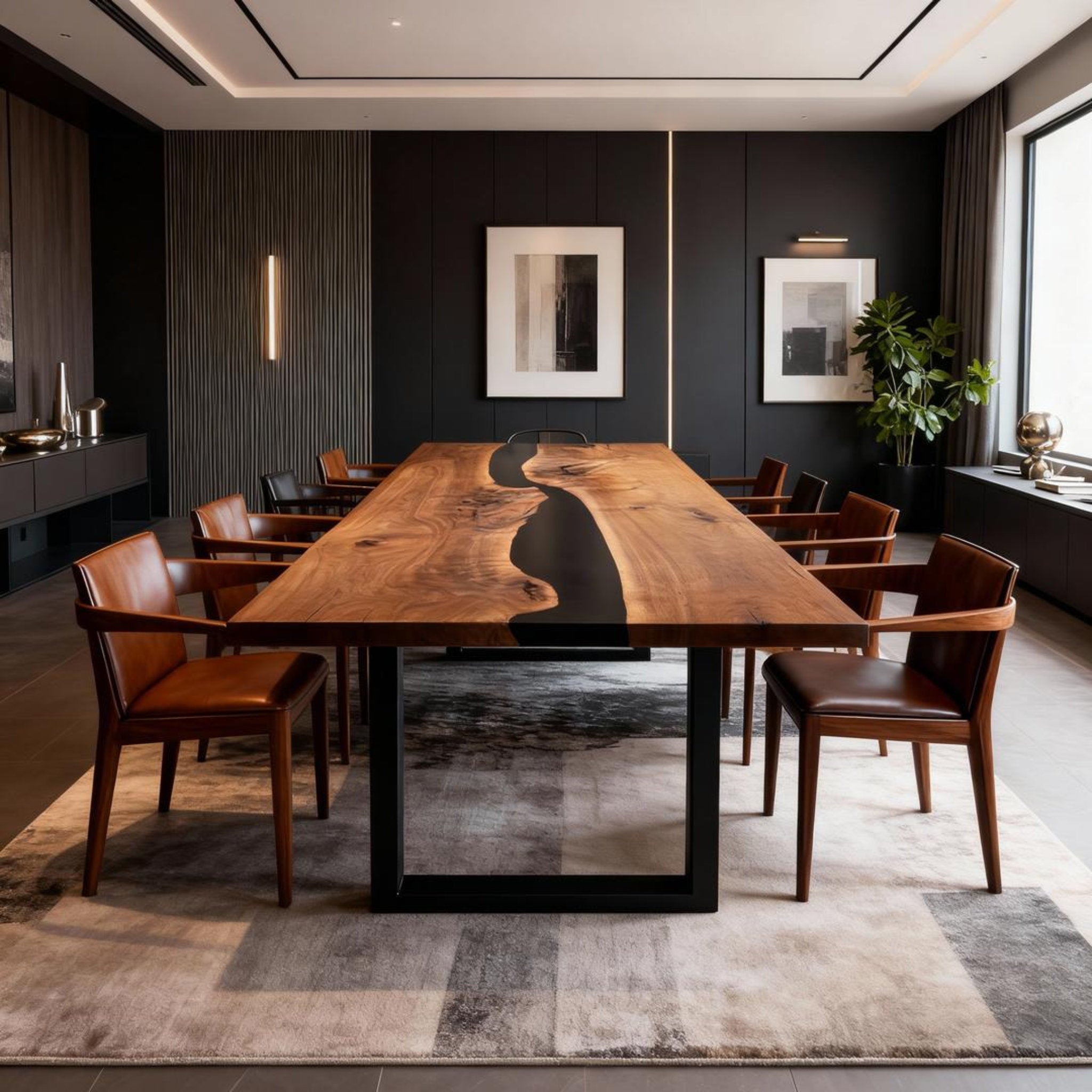 Table rivière personnalisée en résine époxy noyer noir, résine noire onyx MVQ-637