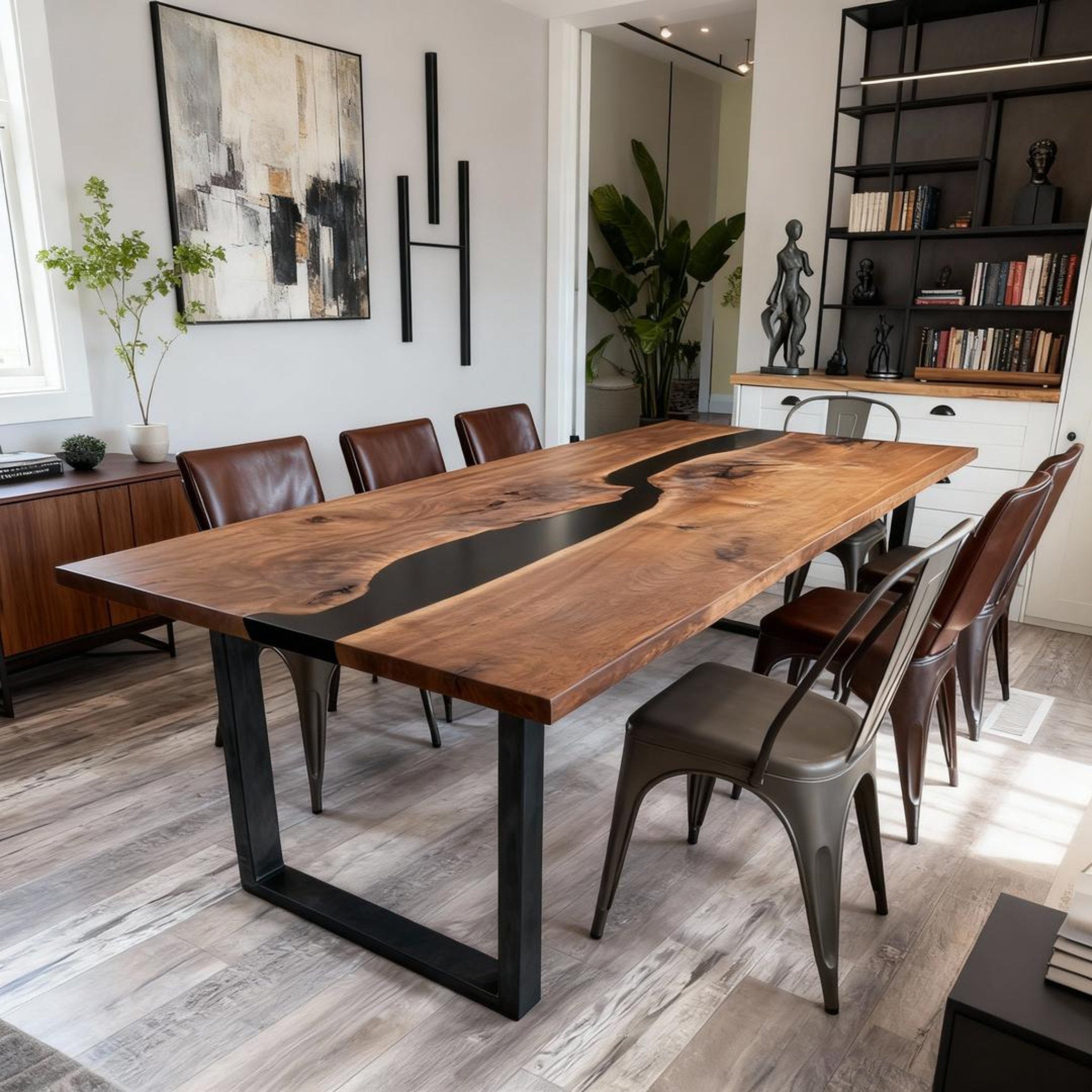 Table rivière personnalisée en résine époxy noyer noir, résine noire onyx MVQ-637