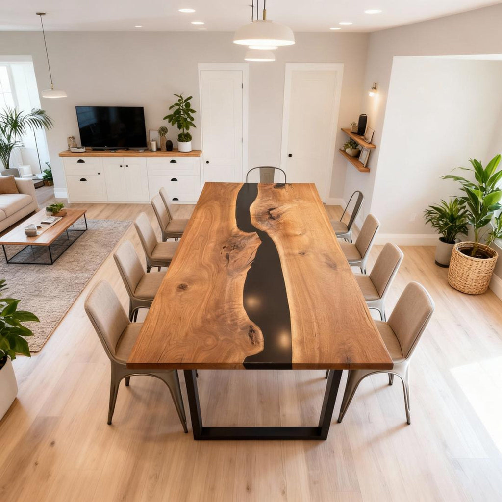 Table rivière personnalisée en résine époxy noyer noir, résine noire onyx MVQ-637