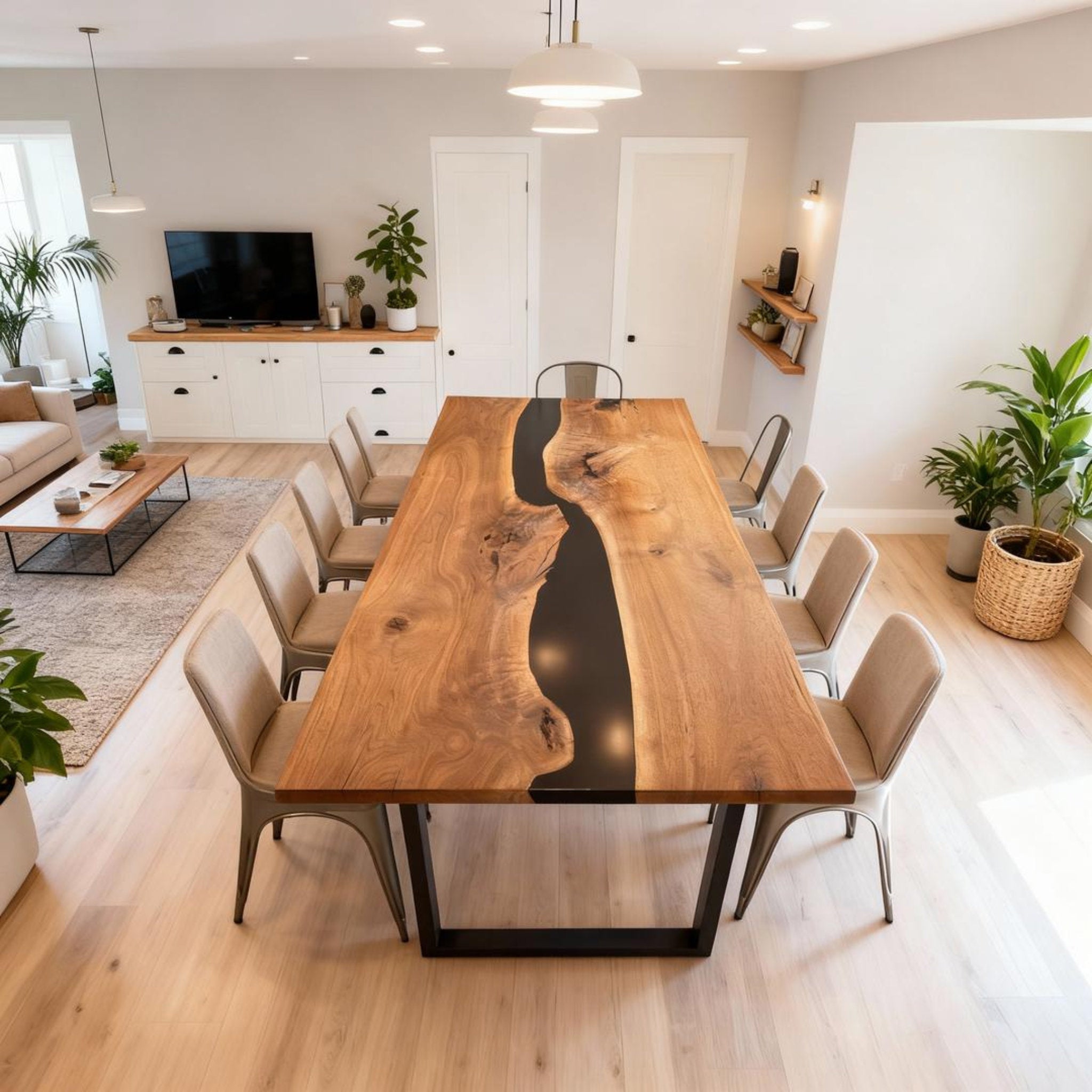 Table rivière personnalisée en résine époxy noyer noir, résine noire onyx MVQ-637