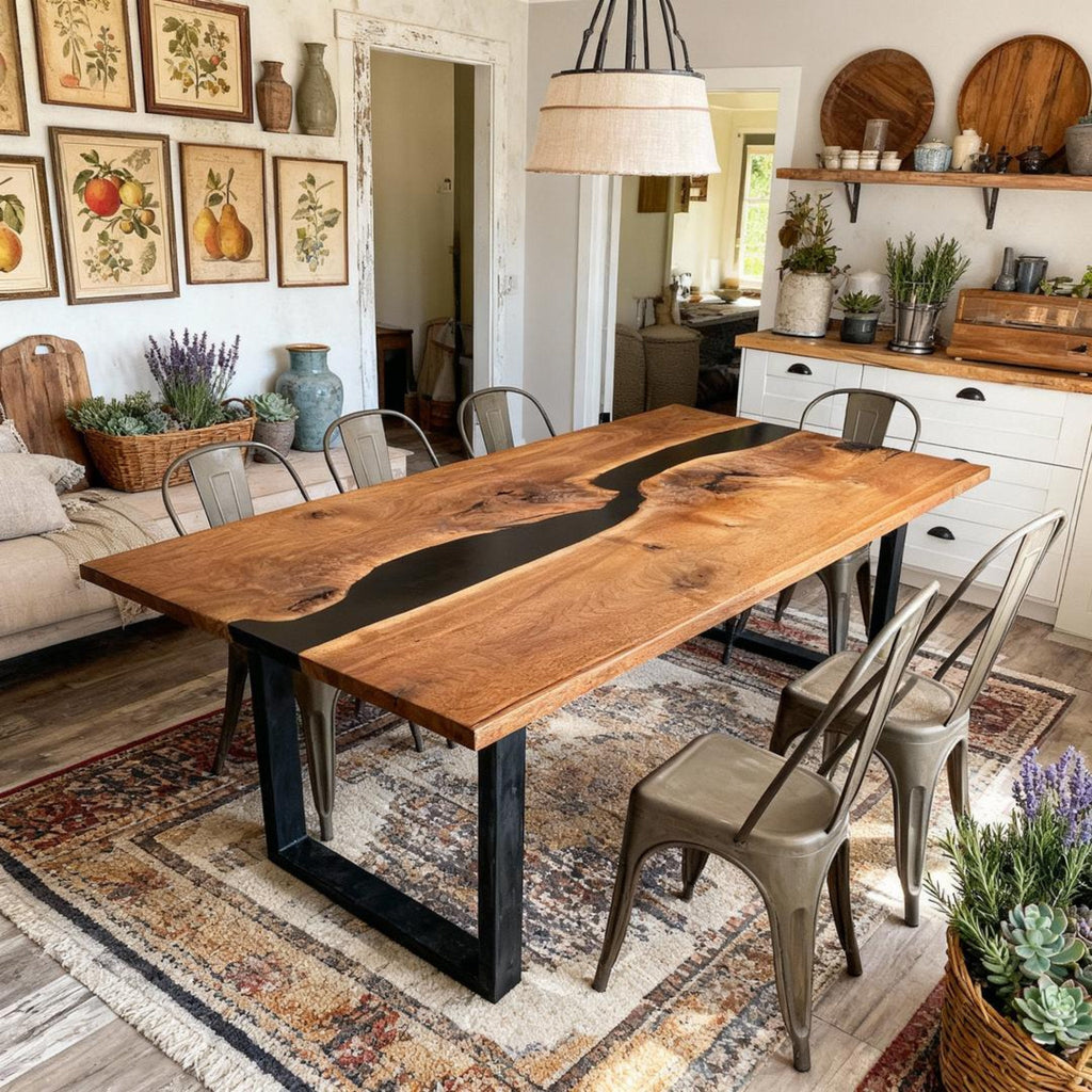 Table rivière personnalisée en résine époxy noyer noir, résine noire onyx MVQ-637