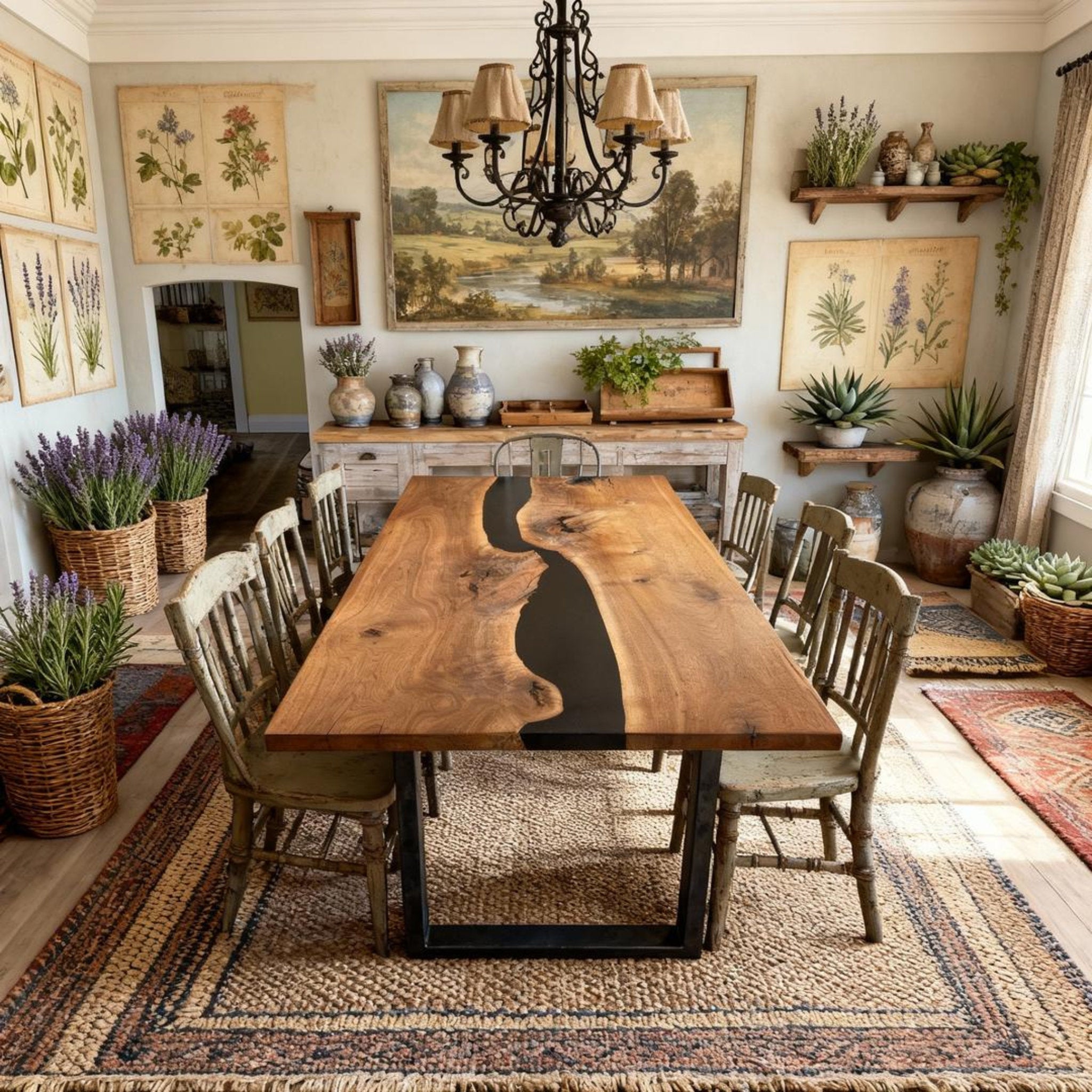 Table rivière personnalisée en résine époxy noyer noir, résine noire onyx MVQ-637