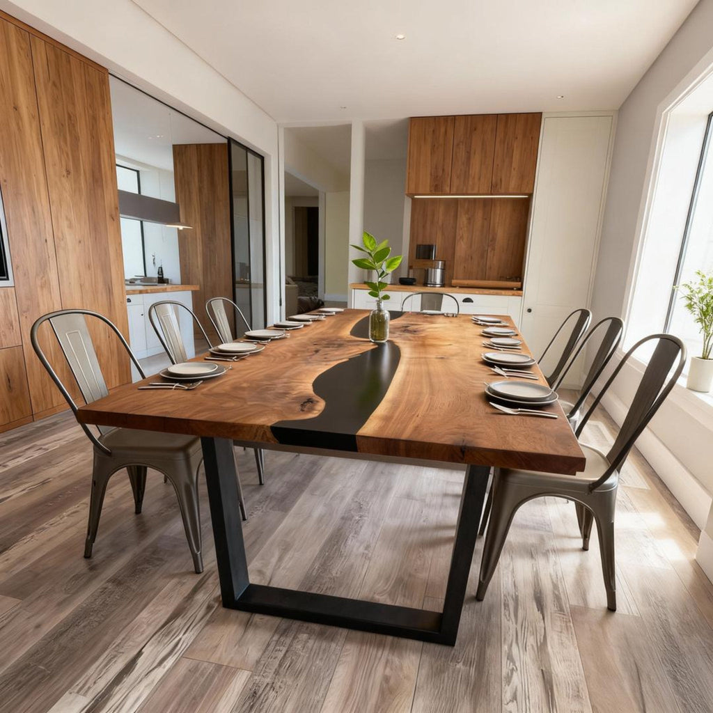 Table rivière personnalisée en résine époxy noyer noir, résine noire onyx MVQ-637