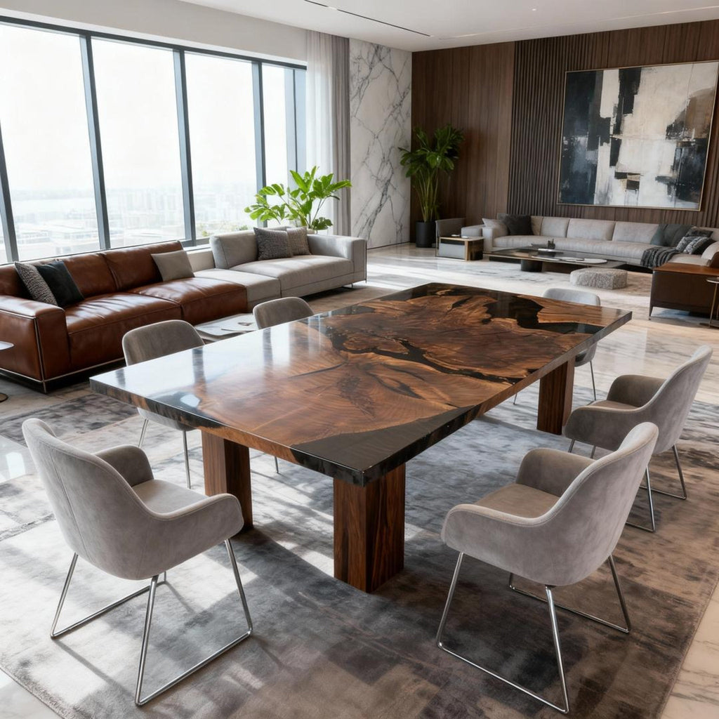 Table rivière personnalisée en résine époxy noyer noir, résine noire onyx NQH-537