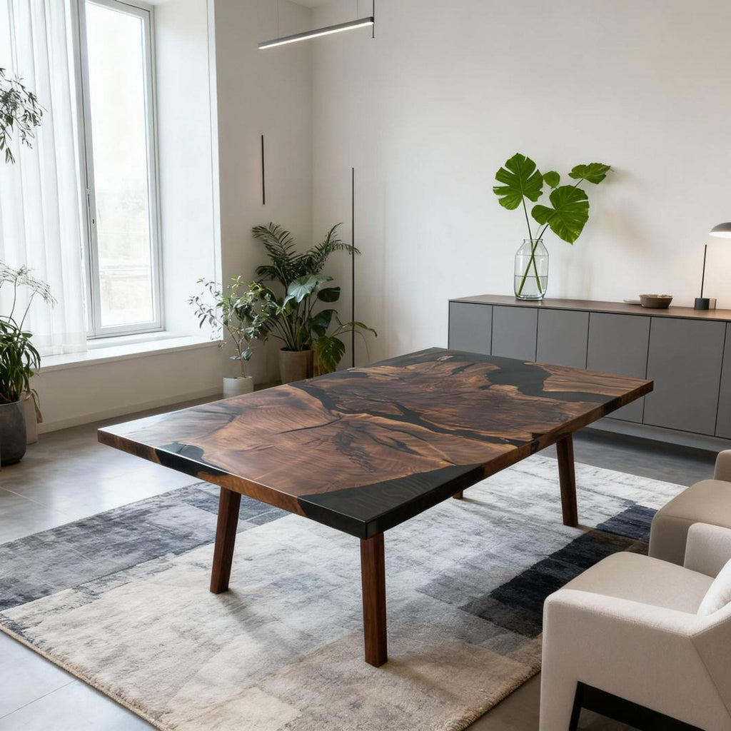 Table rivière personnalisée en résine époxy noyer noir, résine noire onyx NQH-537