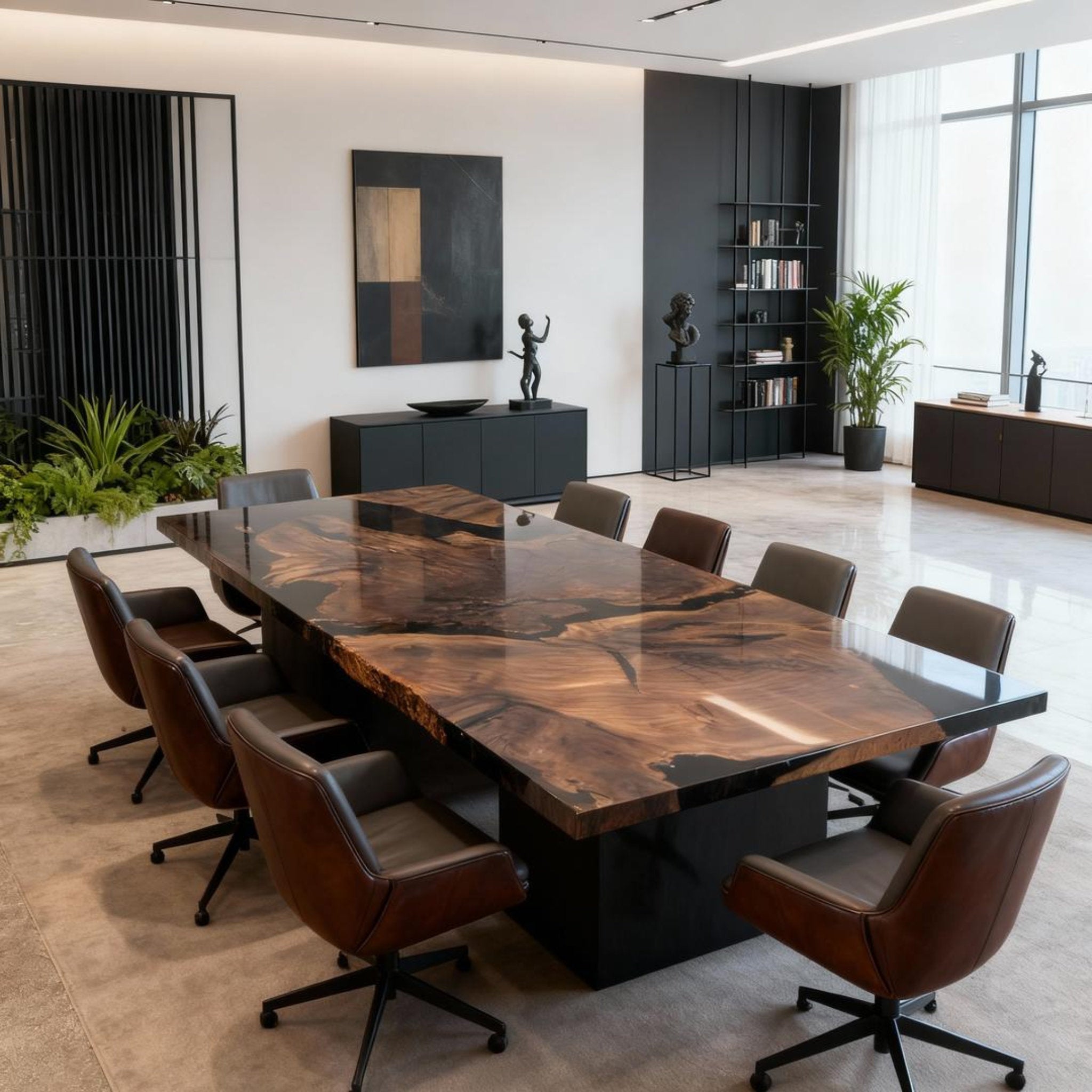 Table rivière personnalisée en résine époxy noyer noir, résine noire onyx NQH-537