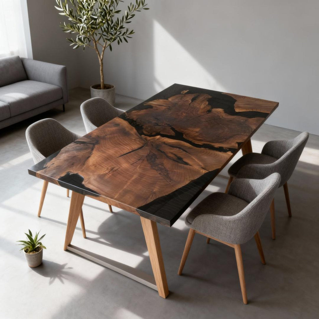 Table rivière personnalisée en résine époxy noyer noir, résine noire onyx NQH-537