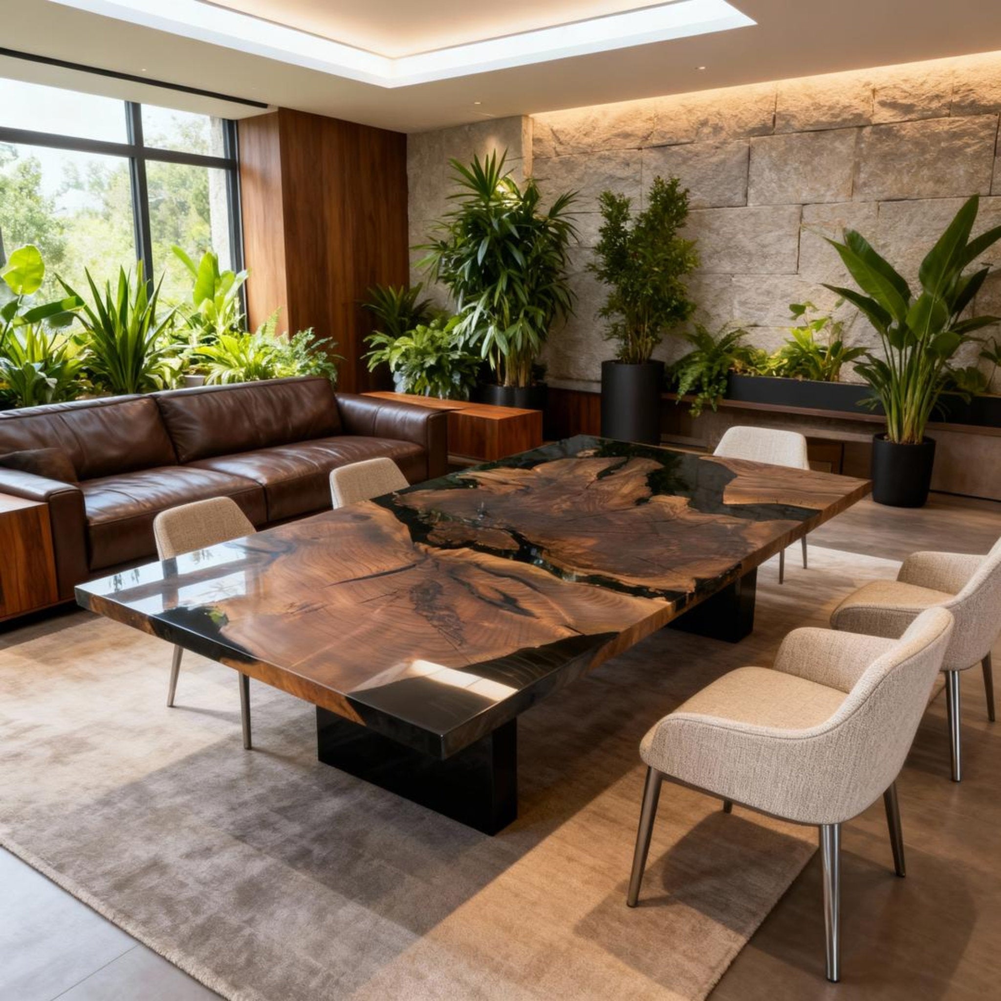 Table rivière personnalisée en résine époxy noyer noir, résine noire onyx NQH-537