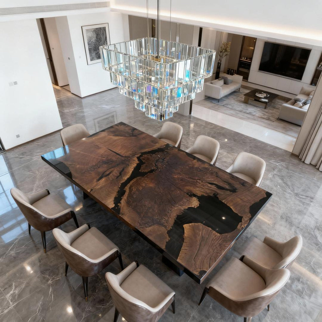 Table rivière personnalisée en résine époxy noyer noir, résine noire onyx NQH-537