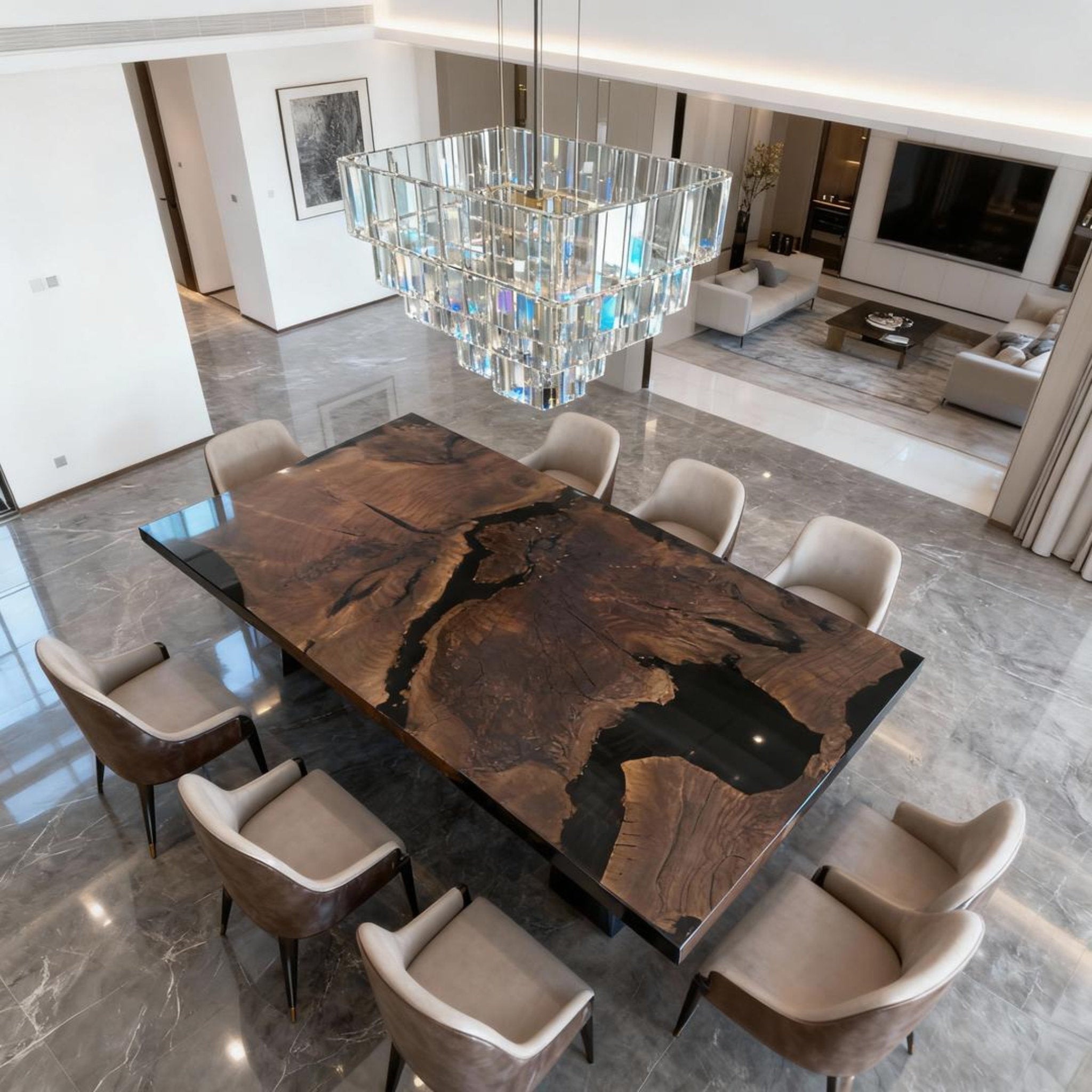 Table rivière personnalisée en résine époxy noyer noir, résine noire onyx NQH-537