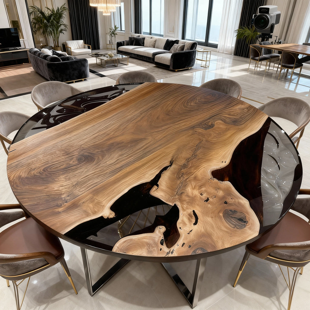 Table rivière sur mesure en résine époxy noyer noir, résine noire onyx VQJ-582