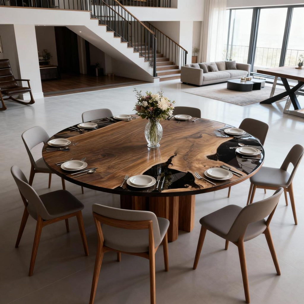 Table rivière sur mesure en résine époxy noyer noir, résine noire onyx VQJ-582