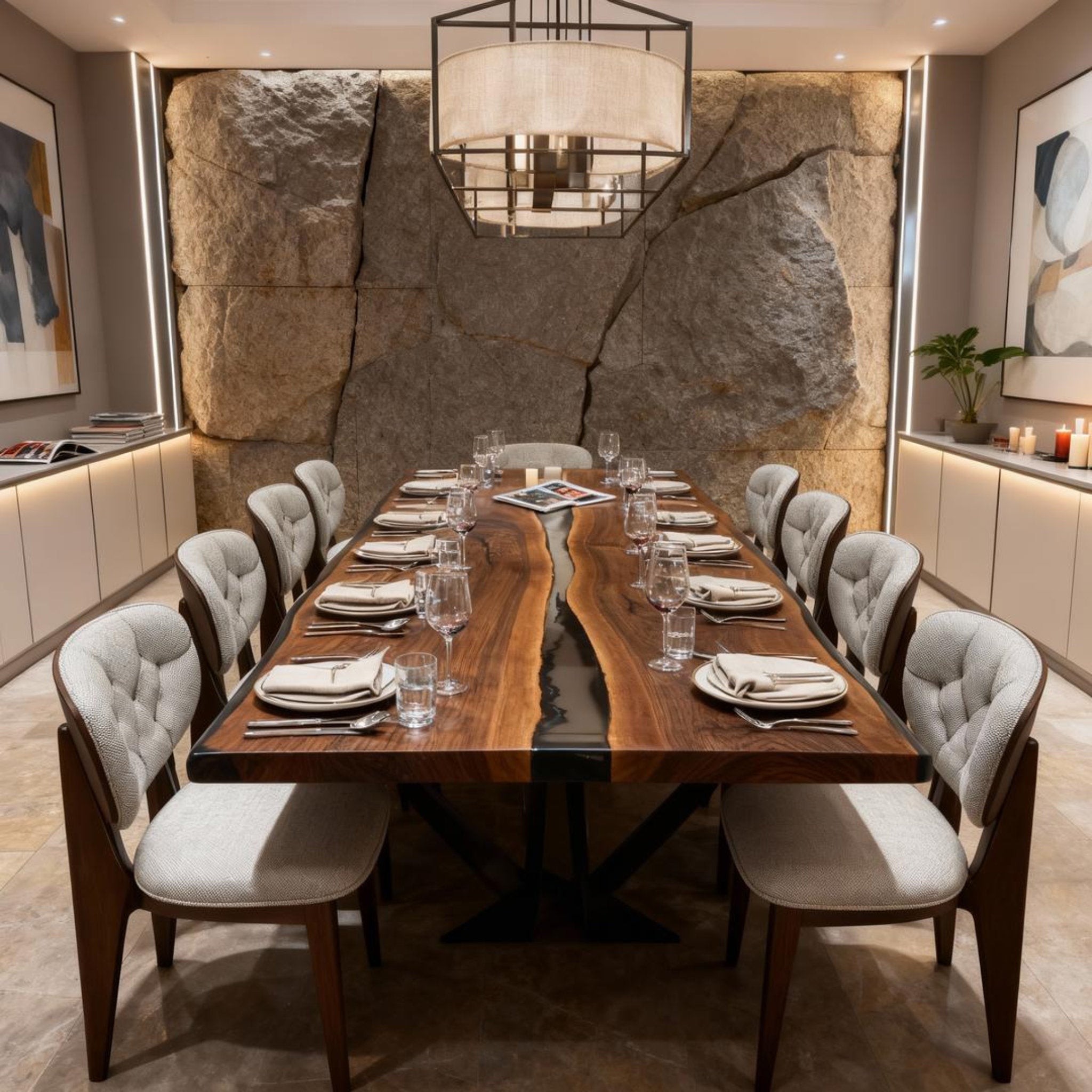 Table rivière sur mesure en résine époxy noyer noir, résine noire onyx ZKP-764