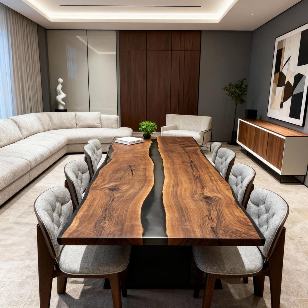 Table rivière sur mesure en résine époxy noyer noir, résine noire onyx ZKP-764