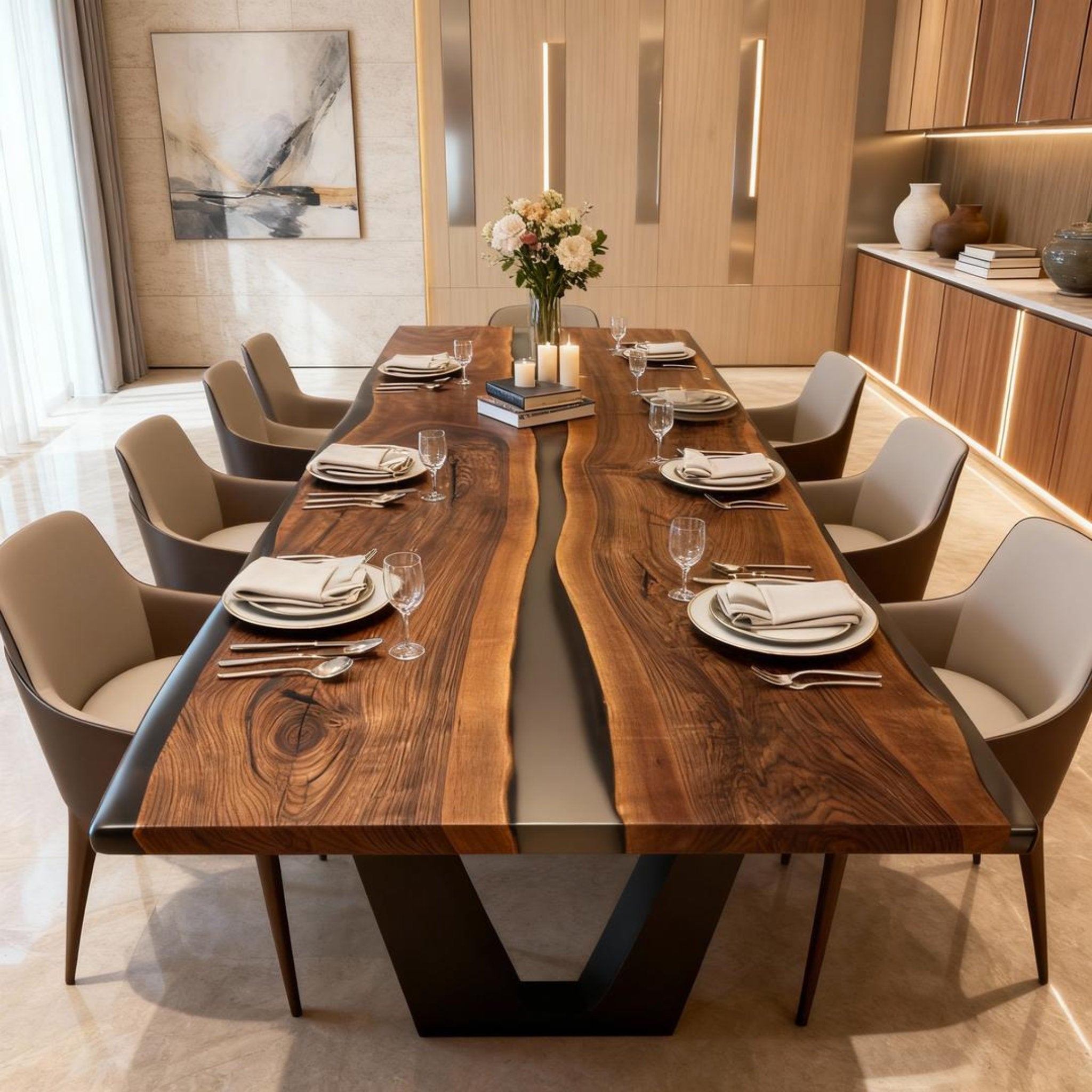 Table rivière sur mesure en résine époxy noyer noir, résine noire onyx ZKP-764