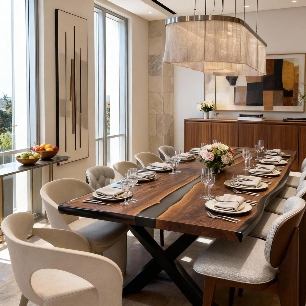 Table rivière sur mesure en résine époxy noyer noir, résine noire onyx ZKP-764