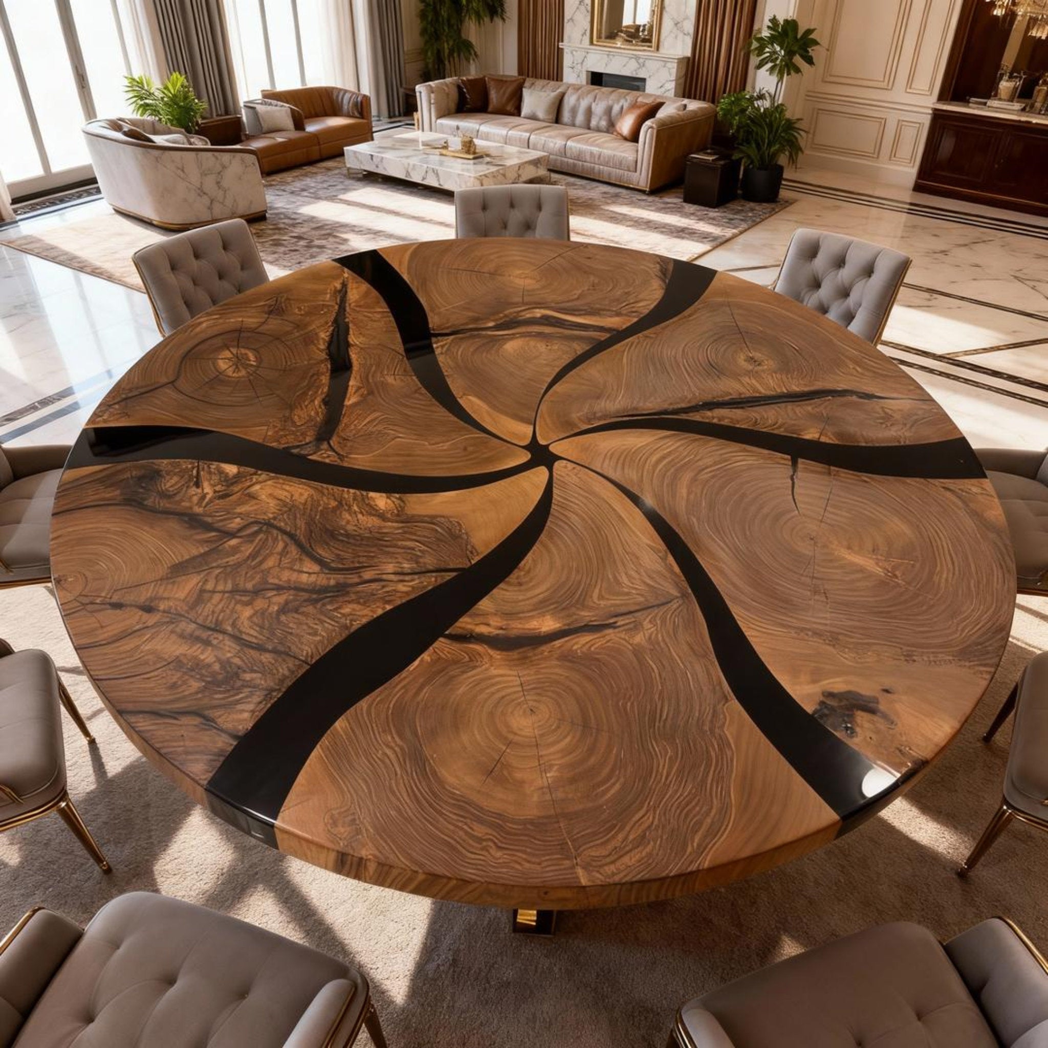 Table rivière personnalisée en résine époxy noyer noir, résine noire onyx ZPQ-583