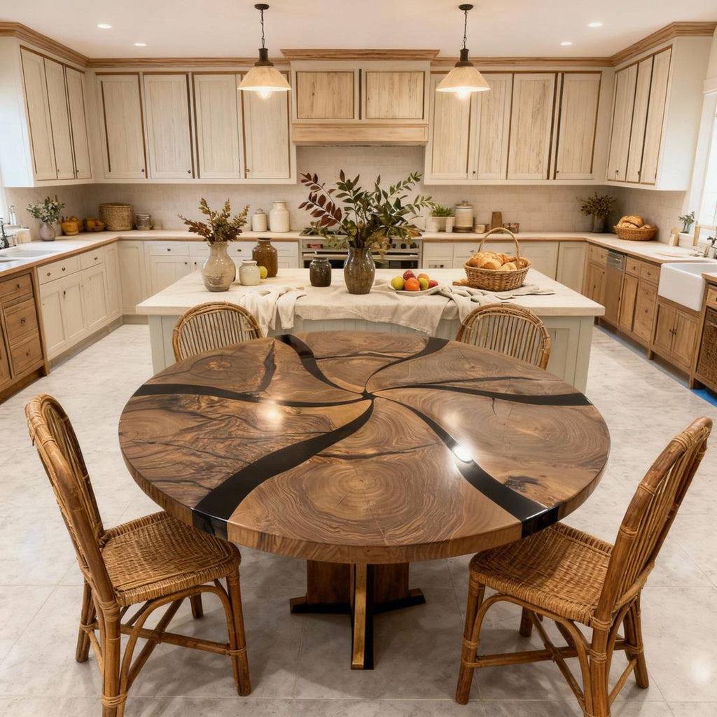 Table rivière personnalisée en résine époxy noyer noir, résine noire onyx ZPQ-583