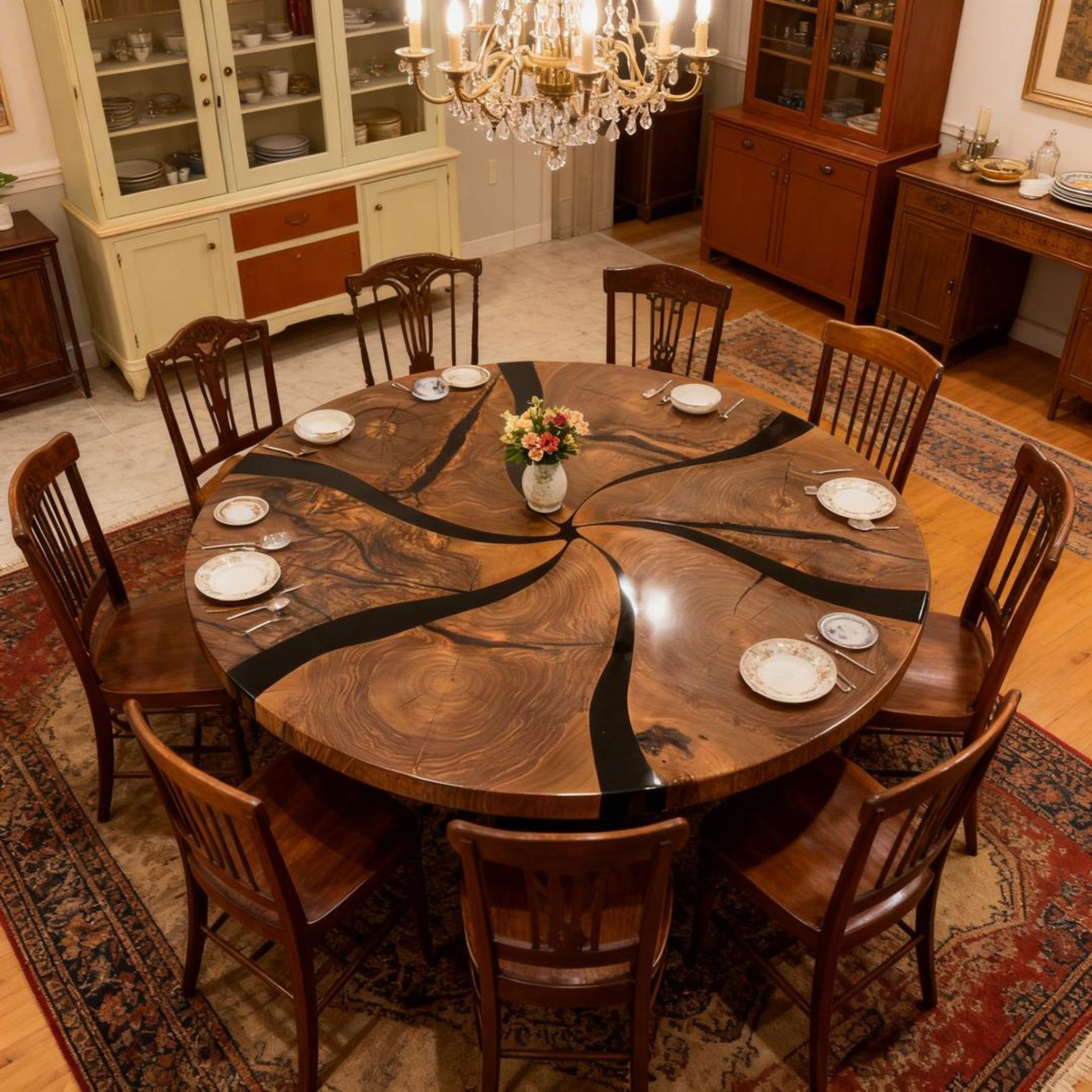 Table rivière personnalisée en résine époxy noyer noir, résine noire onyx ZPQ-583