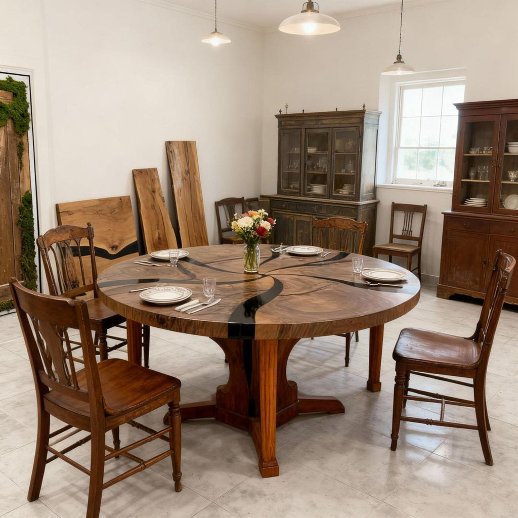 Table rivière personnalisée en résine époxy noyer noir, résine noire onyx ZPQ-583