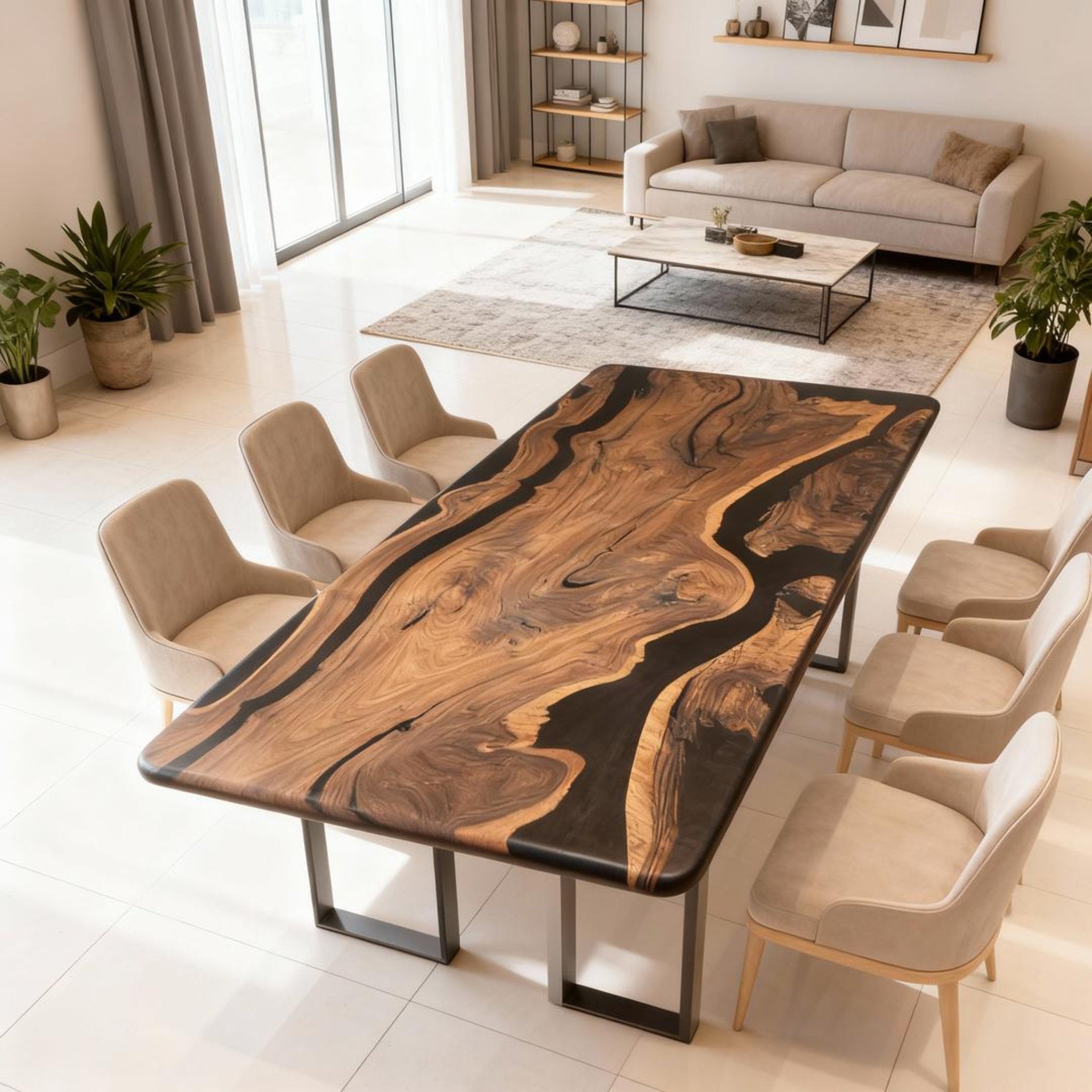 Table rivière sur mesure en résine époxy et noyer noir, noir onyx VJR-628