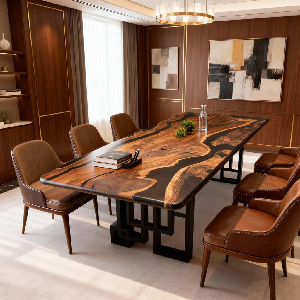 Table rivière sur mesure en résine époxy et noyer noir, noir onyx VJR-628