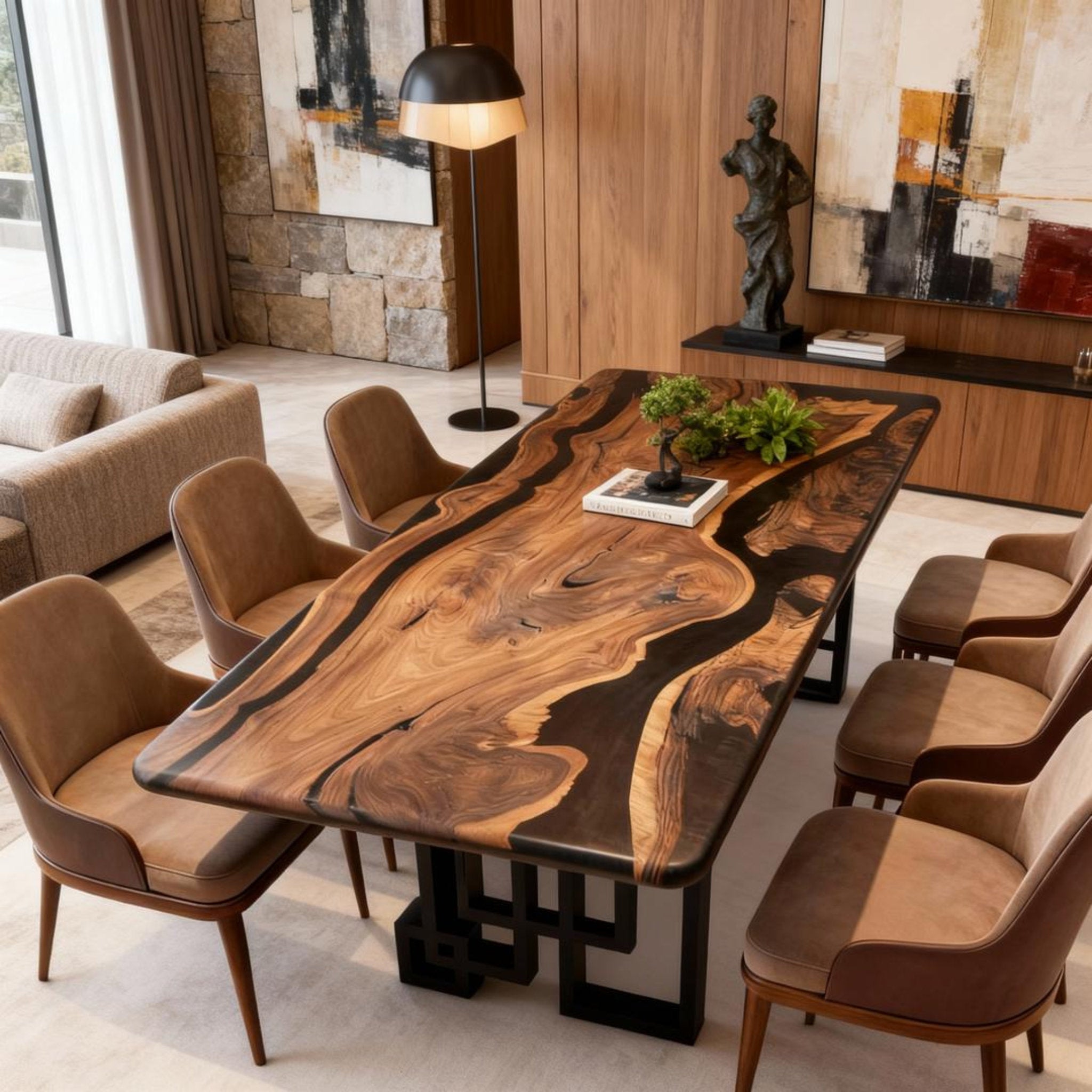 Table rivière sur mesure en résine époxy et noyer noir, noir onyx VJR-628